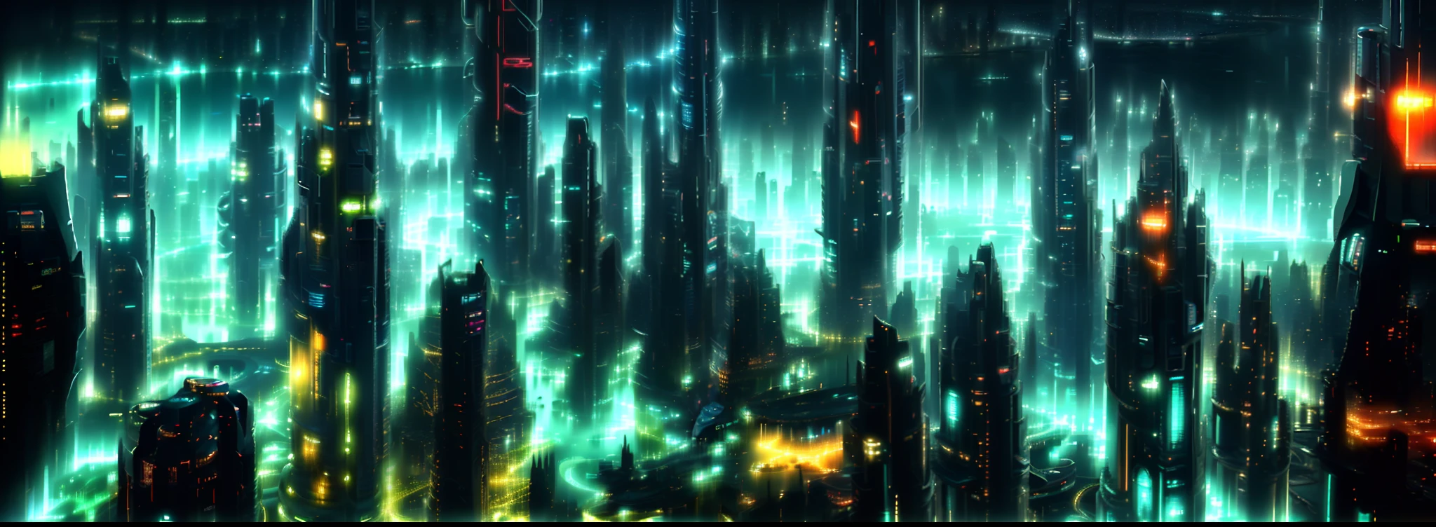 futuristic city with skyscrapers and a glowing tower at night, futuristic cityscape, futuristic city scape, futuristic metropolis, photo of futuristic cityscape, dark futuristic city, hyper-futuristic city, futuristic city, futuristic cyberpunk city, futuristic dystopian city, otherwordly futuristic city, futuristic city backdrop, vista of futuristic city, cyberpunk cityscape, cyberpunk metropolis, futuristic city in background, highly futuristic super-city megapolis with highly clustered and dense skyscrapers and population, Tokyo in the year 2 2 5 0, Tron-like neon skyscrapers, cyberpunk city in the year 2 2 5 0, laser beams extending from skyscrapers, neon super-city megapolis with neon skyscrapers of blue and purple, Space Opera and Horror science-fiction, supermassive super-city utopia with 275 Million people, Skyscrapers stretching for hundreds of miles into the horizon, dark blue foggy sky at night, light pollution, super-city cyberpunk nightlife,
