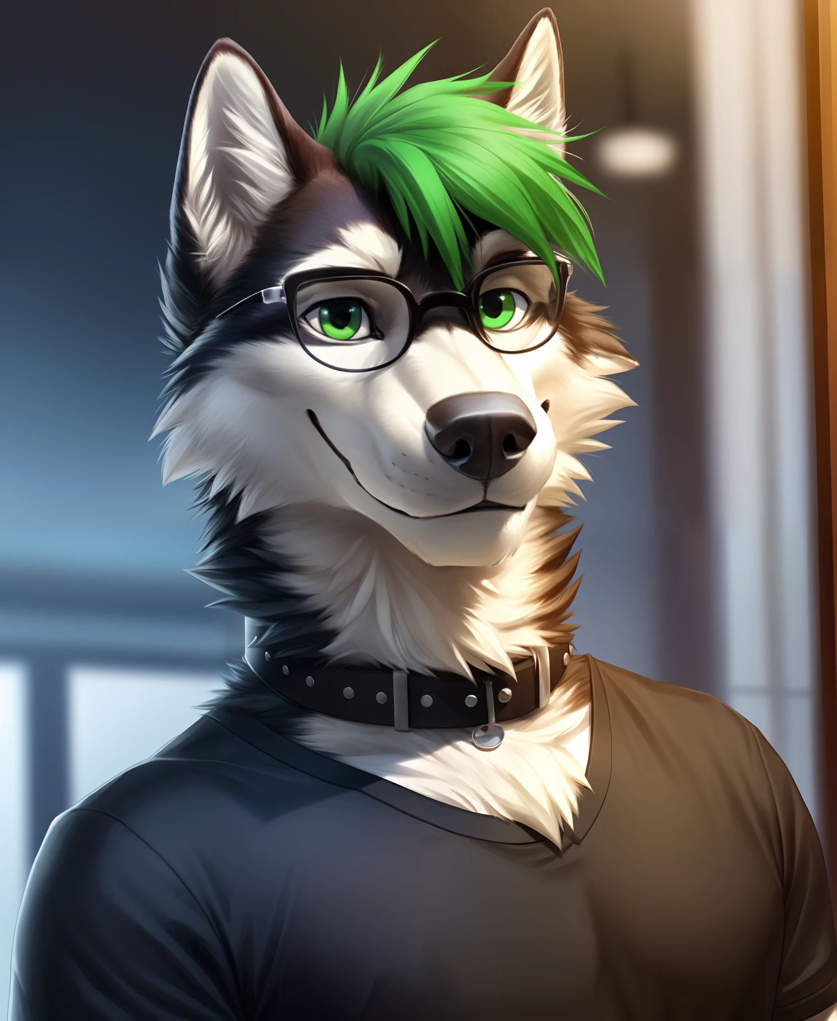 male husky, black eyebrows, wearing black t-shirt, collar, round glasses, green hair, (smile:1.1), intricate, aesthetic, 4k, photorealistic, professional art, masterpiece, intricate detail, [by pngx:sigma x:0.5], full body