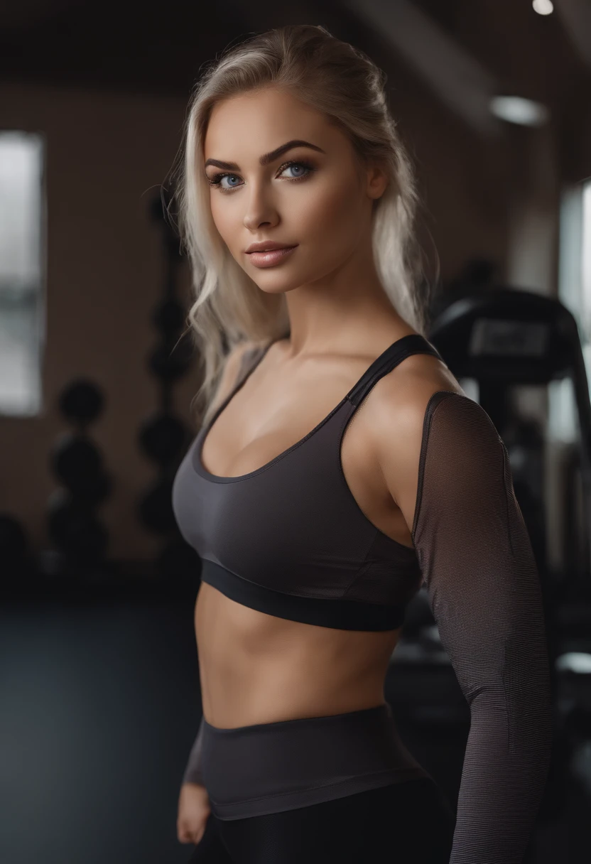 arafed woman fully , sexy girl with blue eyes, ultra realistic, meticulously detailed, portrait sophie mudd, blonde hair and large eyes, Photo of a young woman, violet myers, natural makeup, Working out in the gym, face with artgram, subtle makeup, stunning full body standing in the gym, medium to large size bust, workout clothes, sports bra. looking away from camera, side view