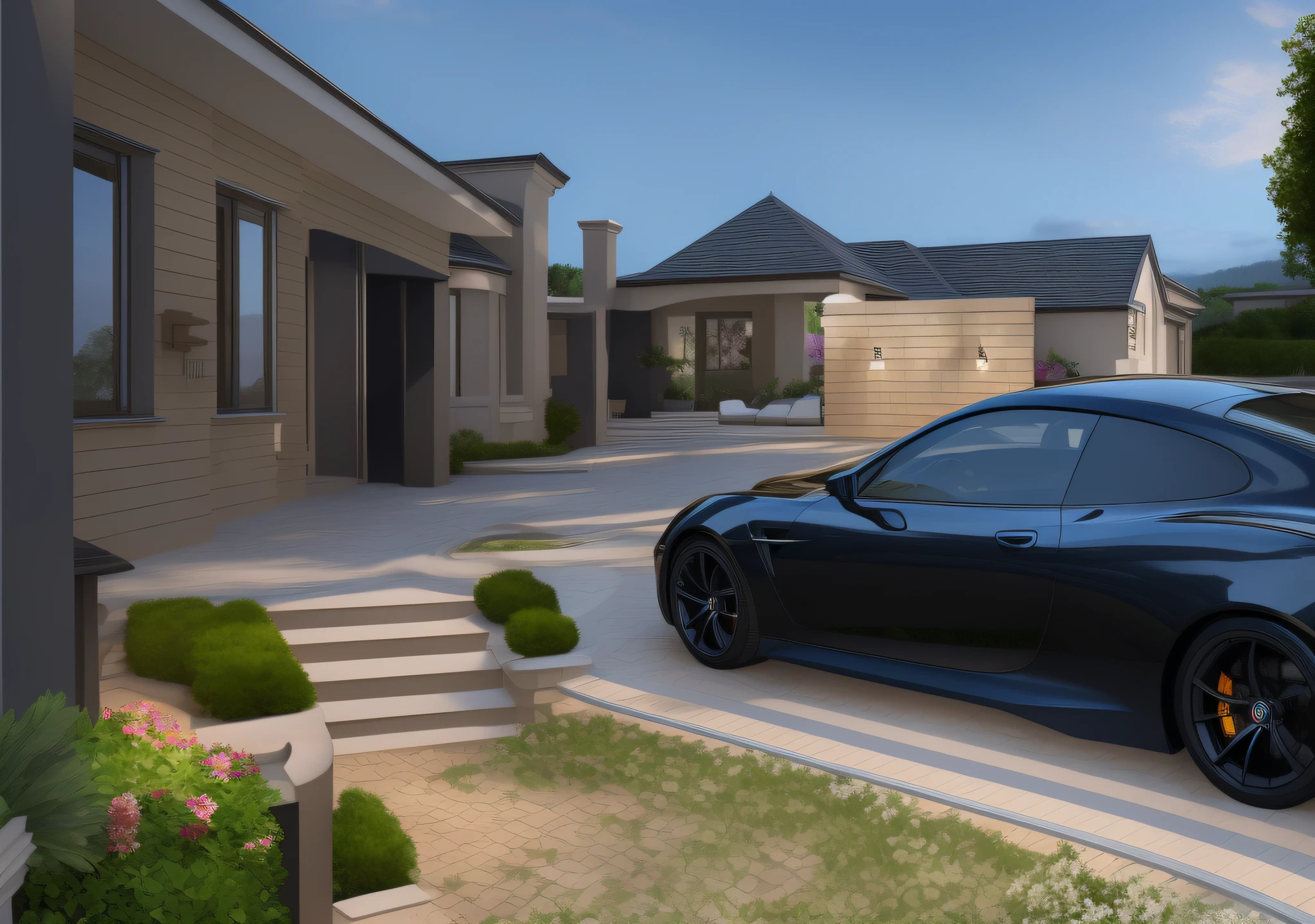 A luxurious mansion with a sleek sports car parked in the yard. The house is adorned with intricate details and high-quality materials. The car is shiny and polished, reflecting the surrounding scenery. The yard is meticulously landscaped with vibrant flowers and lush greenery. The house is bathed in warm sunlight, creating a vibrant and welcoming atmosphere. The overall image is of the highest quality, with stunning details that bring the scene to life. The art style is a combination of realism and elegance, capturing the essence of luxury. The color palette is rich and vibrant, featuring deep hues of gold, burgundy, and emerald green. The lighting is expertly crafted, highlighting the architectural beauty and accentuating the car's sleek lines.