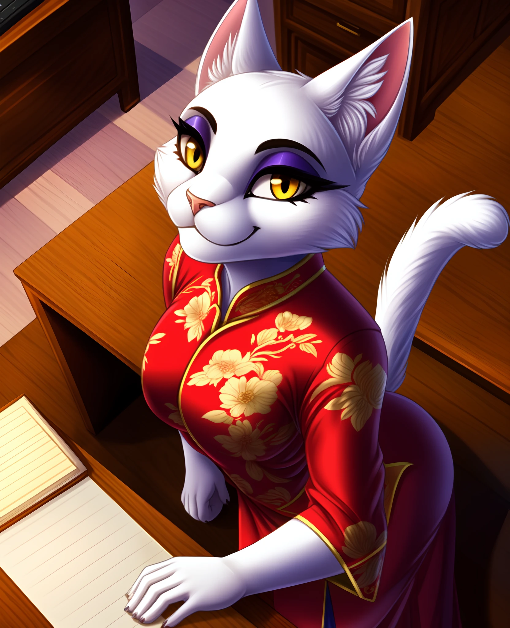 high-angle view, female focus, cat, white fur, detailed yellow eyes, dark eyeshadow, chinese clothing, desk, smile, high quality, ultra detailed, elegant, aesthetic