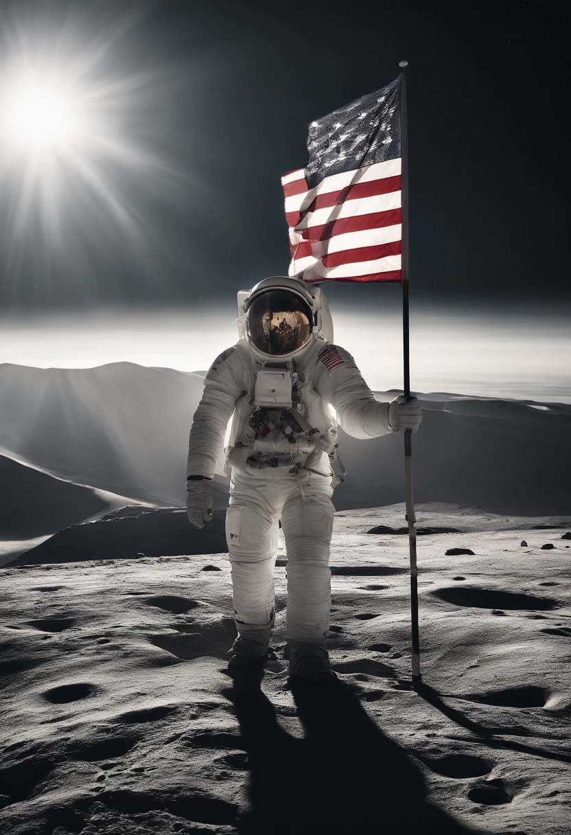 homem, astronauta, minimalista, segundando a bandeira, olhando para a lua, preto e branco