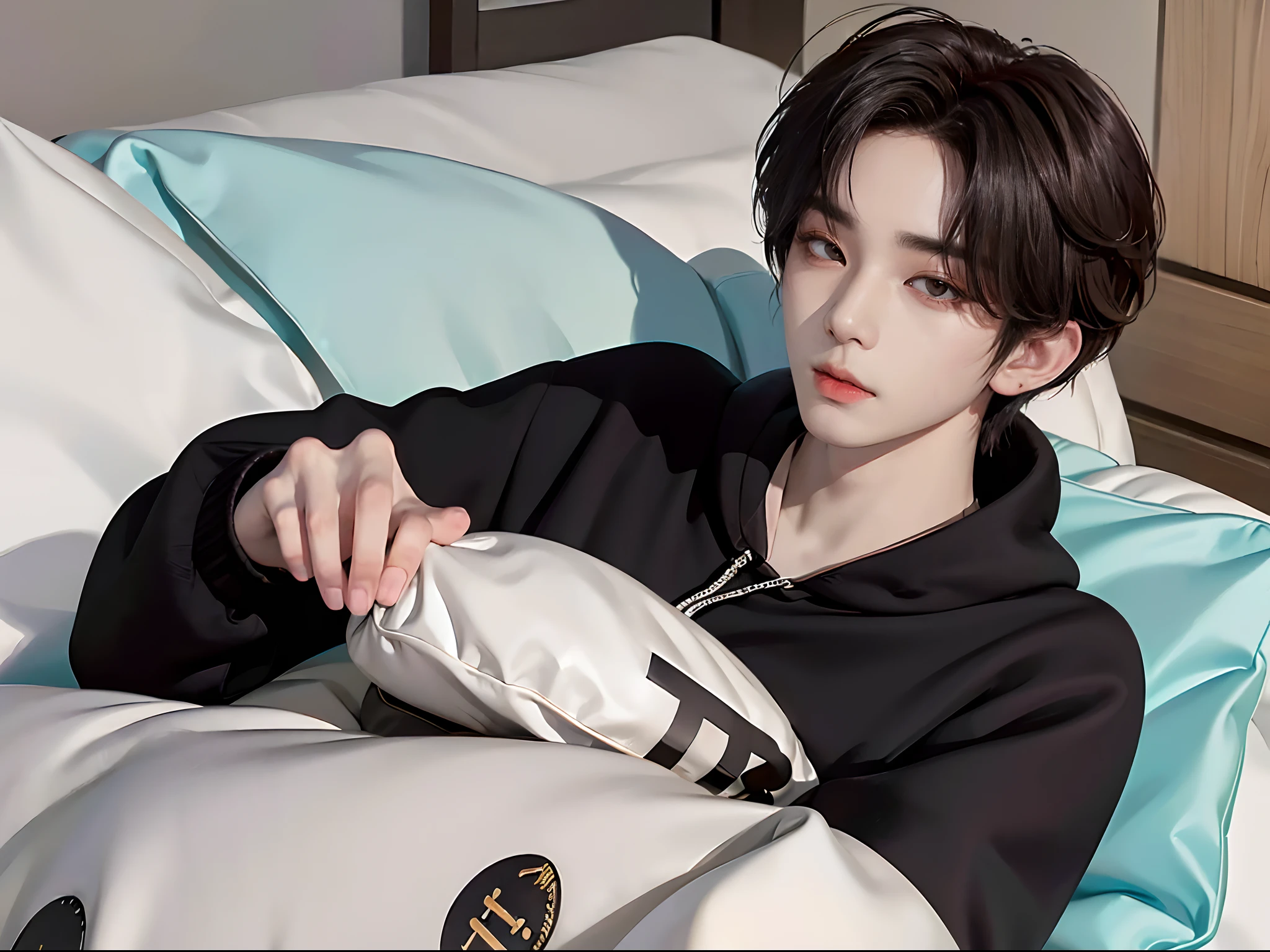 ((4K works))、​masterpiece、（top-quality)、((high-level image quality))、((One Manly Boy))、Slim body、((Stylish black hoodie))、(Detailed beautiful eyes)、Stylish bedroom、Selfie with head on pillow、Face similar to Chaewon in Ruseraphim、((short hair above the ears))、((Smaller face))、((Neutral face))、((Light brown eyes))、((Korean boy))、((18year old))、((Handsome man))、((Wild look))、((Korean Makeup))、((elongated and sharp eyes))、((Happy dating))、((Lying on the futon with your head on the pillow))、((Shooting from the side))、((He gives the viewer an arm pillow))、((Only the upper part of the body is visible))、((He sleeps next to the viewer))、(((selfee)))