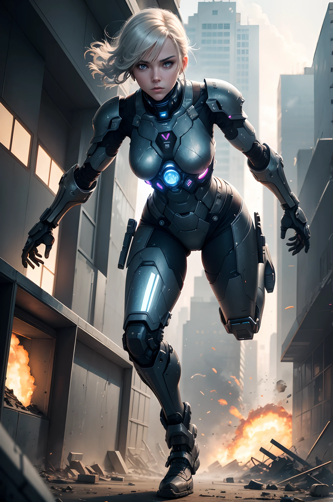 Female cybernetic soldier in very detailed technological armor running at the feet of a ruined futuristic building with explosions in the background