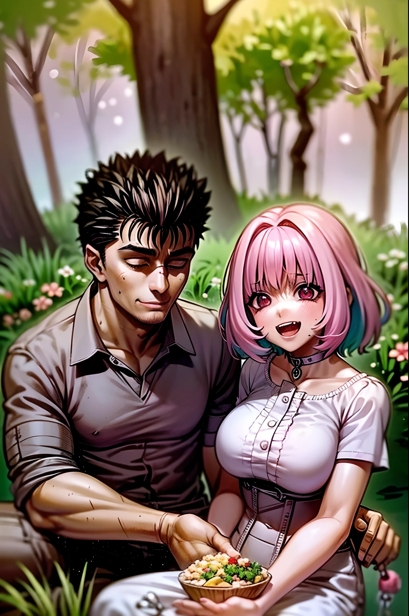 (a happy family in a picnic garden),(riamu as a motherly figure),(riamu and her husband spending quality time),(a couple enjoying the outdoors),(riamu's children playing and having fun),(guts as a loving and caring father),(a loving husband and wife),(riamu and her son sharing a joyful bond),(a happy and harmonious family),(the joyful laughter of children),(the warmth of family bonds),(a picturesque garden scene),(the vibrant colors of nature),(the soft sunlight filtering through the trees),(a peaceful and serene atmosphere),(guts and riamu surrounded by blooming flowers),(the scent of freshly cut grass),(a delicious picnic spread with a variety of food),(the sound of birds chirping),(the feeling of grass beneath their feet),(the love and happiness radiating from the family),(a moment of pure joy and togetherness),(a snapshot of a perfect family outing),(a memory to be cherished forever)