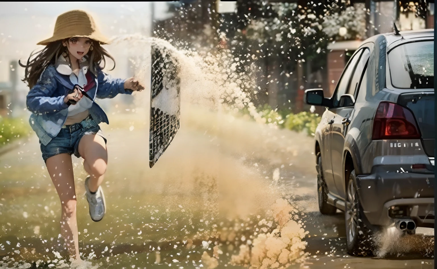 Araffe splashing water from a car in a field, durante uma tempestade de granizo, chuva de pedra, Foto premiada da chuva, respingos de chuva, flores explodindo e pulverizando, lavar na chuva, super slow motion, Chovendo!!!, Very high speed photography, Chovendo!!, Chovendo!, vento extremamente forte, chuva!!!!, foto premiada!!!!