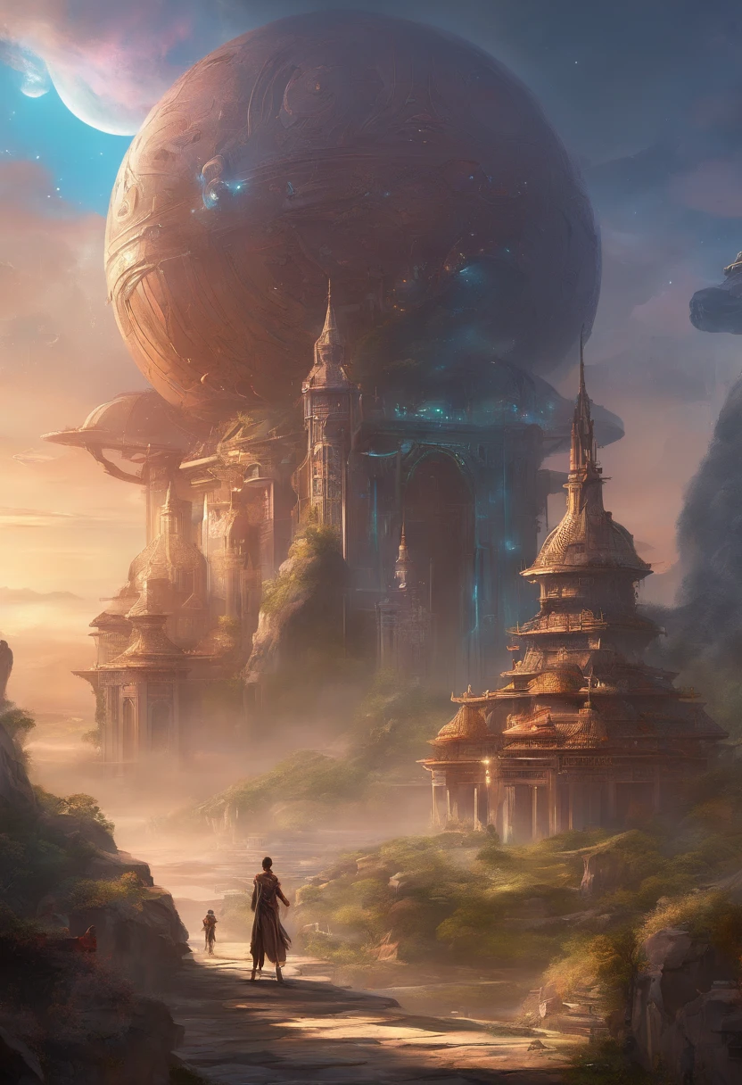 (best quality),detailed oriental background, sci-fi, mechanical arms, girl with man, fairy, monster army, Techwear, military uniform