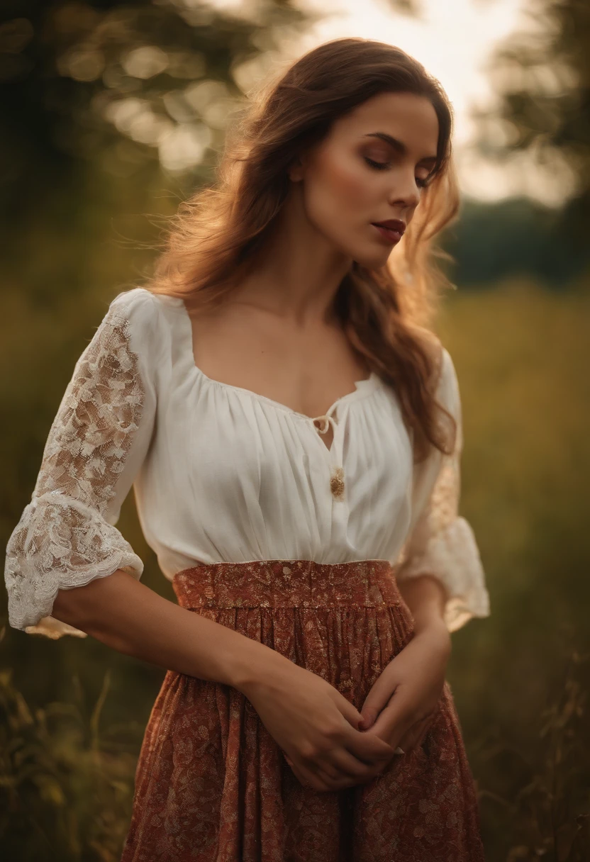 AS-Jeune , (Masterpiece), Photographie artistique, completely naked(Tirez la culotte, undress, Du bas) , leaning forward, 1fille, beau visage, longs cheveux bruns , (lustful lips:1.4) Photographie prise par SLDR, content, high detail face, Soft Light, , sundress), peau douce, (Sensuel:1.5) folklore:1.6, White shirt with wide sleeves, Slavic floral decoration, Realstic , Polish national clothing ,Ethnie slave, Stylized, uniforme, outdoor, (coucher de soleil, golden hour)