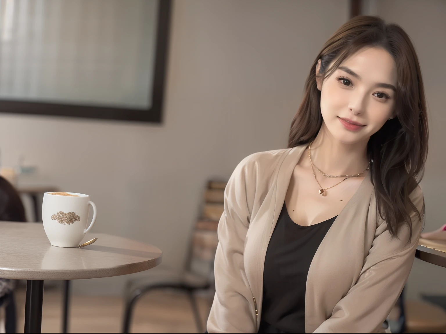Realistic 50mm photos. Portrait. depth of fields. Bokeh background is quiet diner. Wet out of focus windows,City lights outside, perfect cafe lighting, A beautiful 24-year-old woman,Long black hair is elegant,looking very happy,((A cup of artistic coffee and a plate of biscuits on the table in front of her)) ,She wears a gray jacket and lilac shirt, an expensive necklace, and a gold ring, ((perfectly proportioned)) ((medium breasts)) ((warm lighting)) ((realistic textures)) ((warm rich lighting)) ((brown tones))
