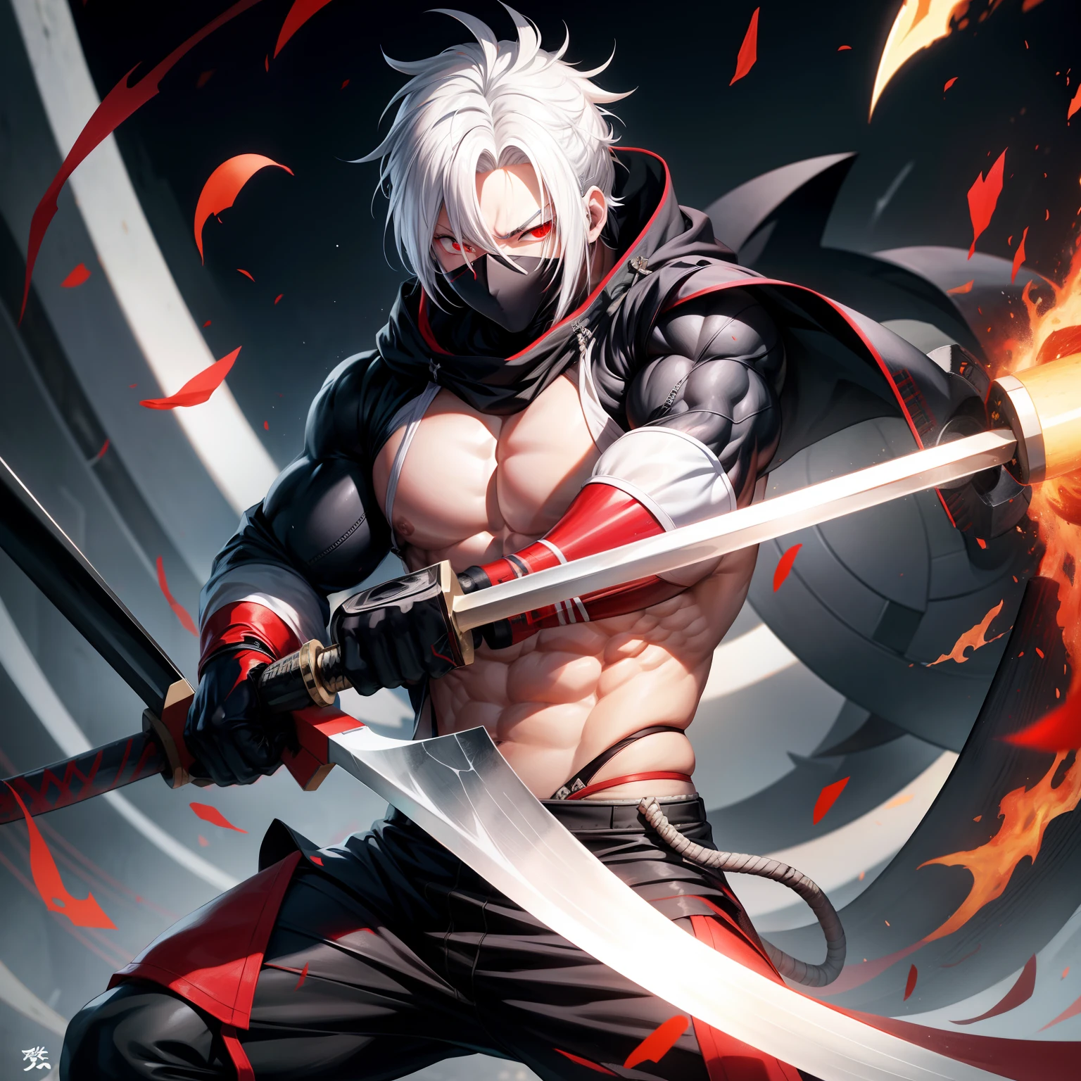 One Guy with white hair, wearing ninja outfit, red eyes, one eye is damaged, using huge axe, attacking, huge muscles,