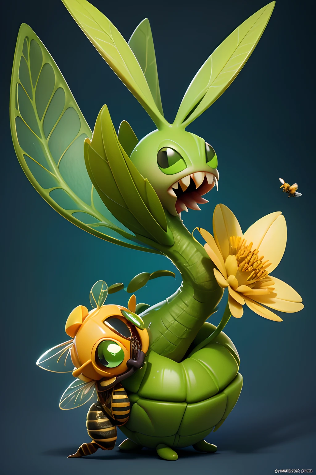 a Venus Fly Trap trying to grab a friendly honey bee that is trying to collect pollen, cartoony style, Disney/Pixar style, Clash of Clans style, Unreal engine, Blender