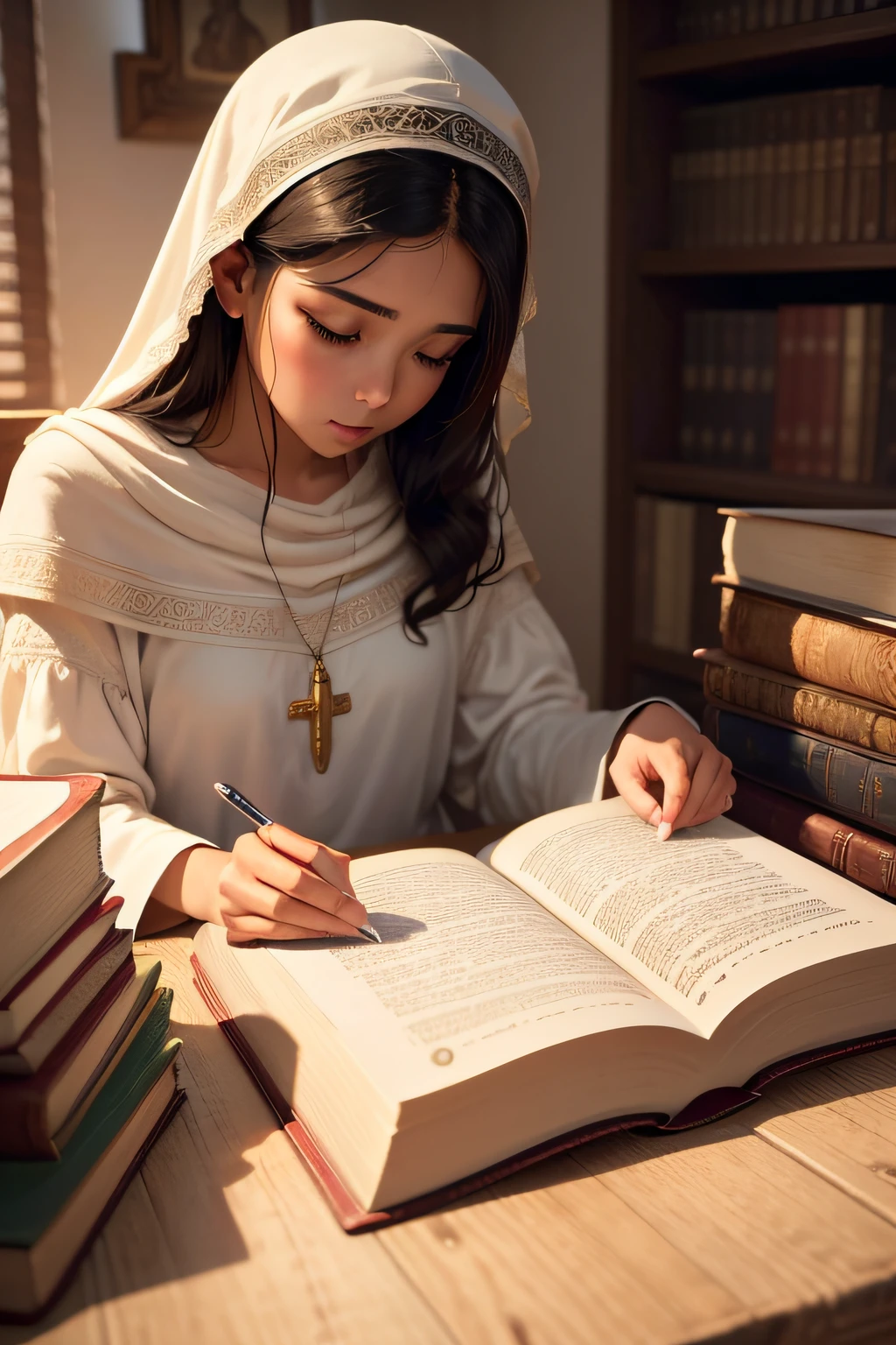 "Por favor, create a high-definition image of the Holy Bible that captures the reverence and spiritual significance of this holy book. The image should convey the historical and religious importance of the Bible, apresentando-a de forma digna e respeitosa. Use soft lighting to highlight cover and page details, enfatizando sua textura e envelhecimento, if applicable. Position the Bible in an environment that evokes a sacred environment, como uma prateleira de madeira em uma biblioteca antiga ou um altar iluminado. As cores devem ser sutis e a tipografia, Apresente-se, deve ser elegante e discreta. The image should inspire a sense of reverence and spiritual connection to the words and teachings contained in the Holy Bible."