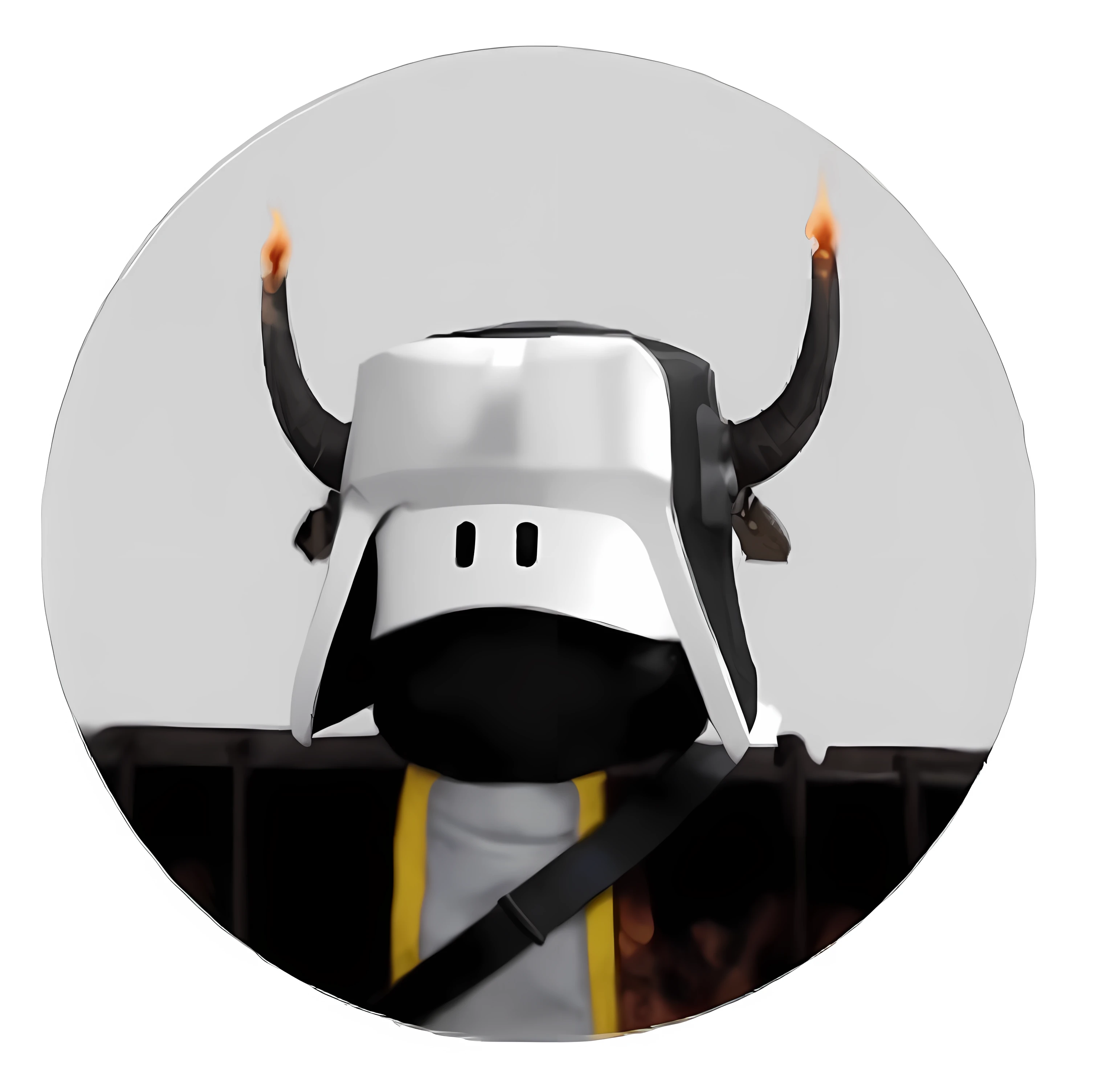 araffe wearing a cow mask on top of a fence, roblox avatar, in a horned helmet, minion as a darksouls boss, black bull samurai, horned helmet, evil knight, he wears dark visors, the knight from hollow knight, profile picture 1024px, agent pekka, lord of cinder, reddit, pyromancer