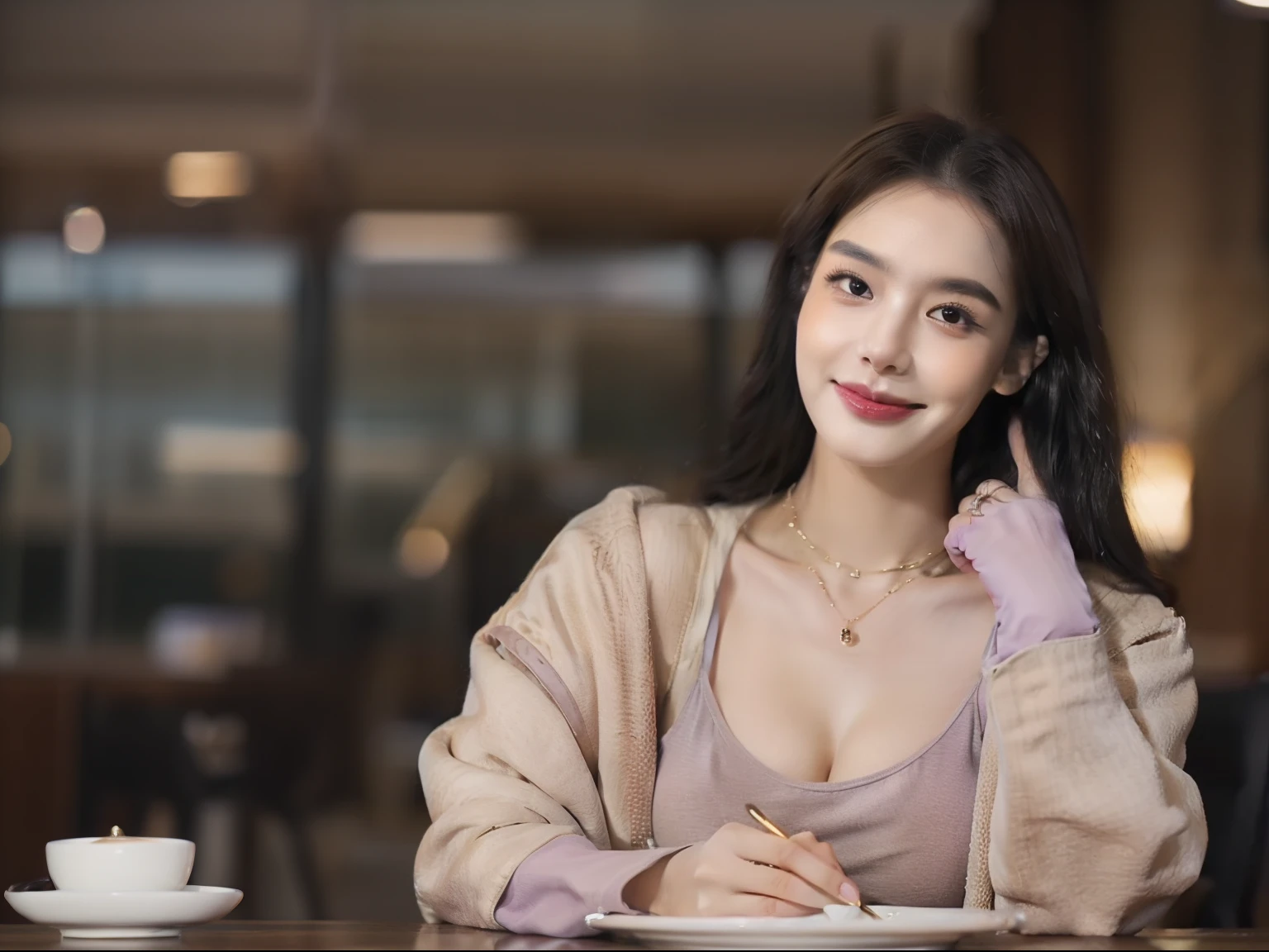 Realistic 50mm photos. Portrait. depth of fields. Bokeh background is quiet diner. Wet out of focus windows,City lights outside, perfect cafe lighting, A beautiful 24-year-old woman,Long black hair is elegant,looking very happy,((A cup of artistic coffee and a plate of biscuits on the table in front of her)) ,She wears a gray jacket and lilac shirt, an expensive necklace, and a gold ring, ((perfectly proportioned)) ((medium breasts)) ((warm lighting)) ((realistic textures)) ((warm rich lighting)) ((brown tones))