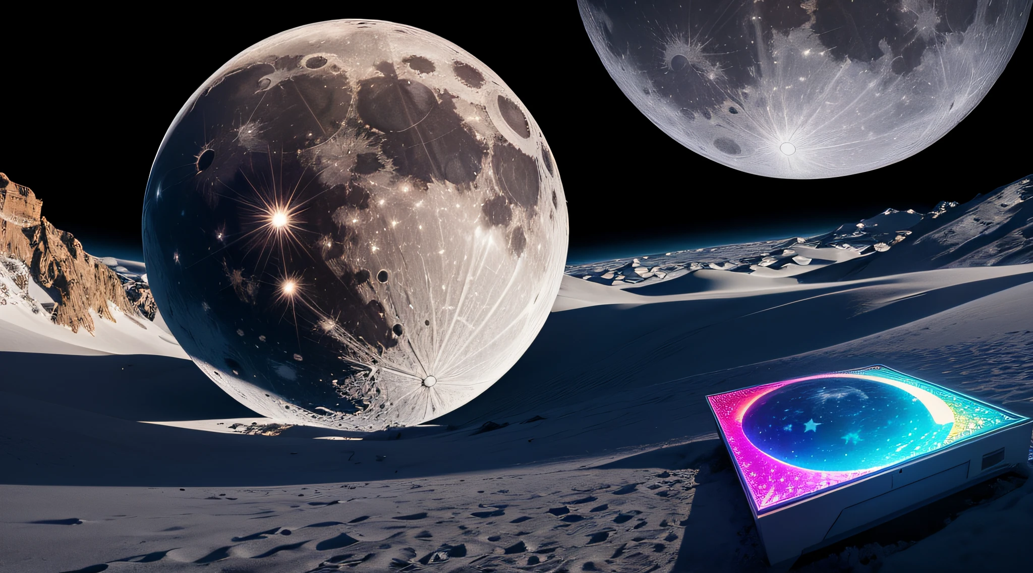 Create an image of a giant holographic projection disguising the moon's true shape