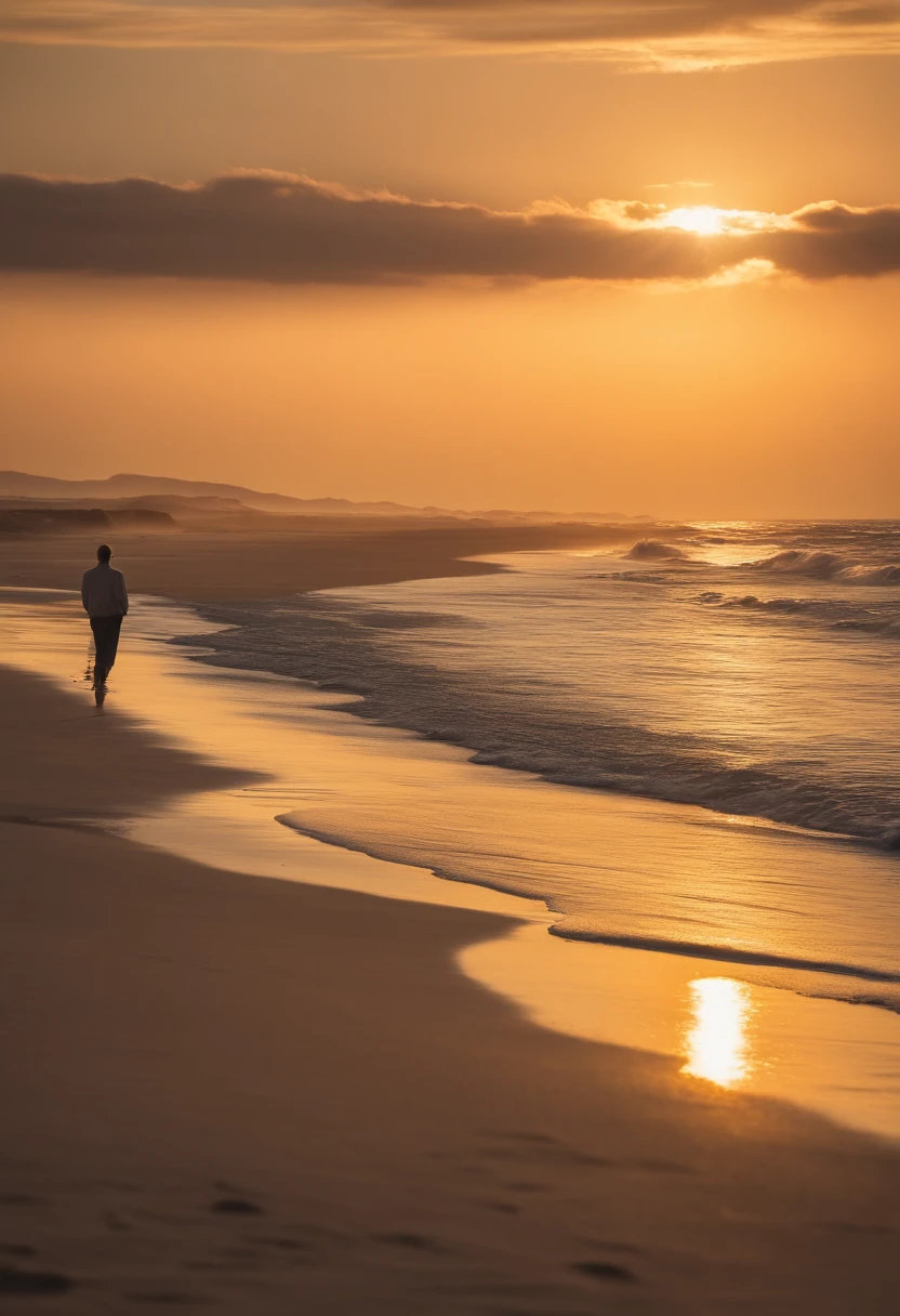 A serene book cover for "Breathing, Calm: Transforming Anxiety with Mindfulness," featuring a tranquil beach scene at sunrise. The calm, gentle waves roll onto the shore, creating a sense of continuity and peace. The rising sun casts a warm and soothing glow over the beach, symbolizing hope and transformation. In the foreground, a person practices mindfulness, sitting peacefully by the water, taking a deep breath. The title and author's name are integrated seamlessly into the image with a clean, modern, and calming font. The overall style is a realistic photograph, captured with a wide-angle lens, soft natural lighting, and a harmonious color palette, --ar 16:9.