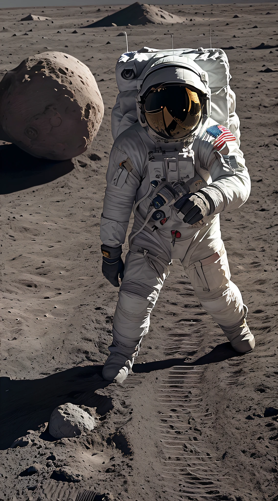 Produce an image of astronauts encountering unexpected challenges on the flat moon's surface.
