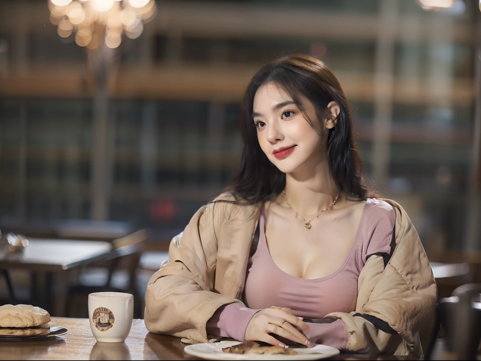 Realistic 50mm photos. Portrait. depth of fields. Bokeh background is quiet diner. Wet out of focus windows,City lights outside, perfect cafe lighting, A beautiful 24-year-old woman,Long black hair is elegant,looking very happy,((A cup of artistic coffee and a plate of biscuits on the table in front of her)) ,She wears a gray jacket and lilac shirt, an expensive necklace, and a gold ring, ((perfectly proportioned)) ((medium breasts)) ((warm lighting)) ((realistic textures)) ((warm rich lighting)) ((brown tones)) ((night)) ((rainy window view))