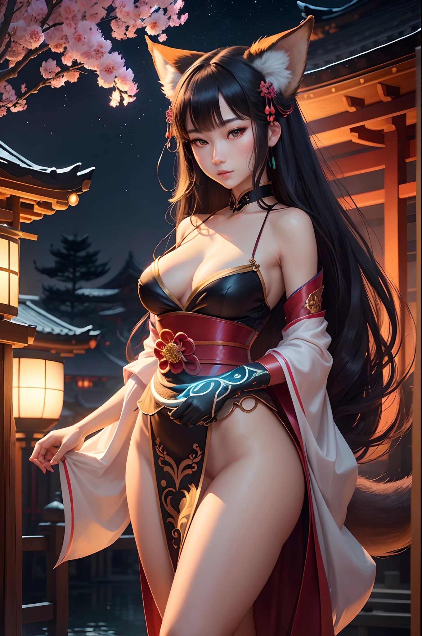 (Best quality:1.2, ultra-detailed, photorealistic:1.3), colorful, brightly lit night scene, enchanting atmosphere. Beautifully detailed nine-tailed kitsune woman, with captivating emerald eyes, rosy cheeks, and silky long black hair flowing in the breeze. She has a slim and graceful figure, with a slender waist and long legs. Her petite frame is adorned with revealing traditional Japanese clothing, showcasing her alluring curves and assets. The kitsune woman stands in front of a majestic Japanese temple, illuminated by the soft glow of lanterns. The temple is decorated with intricate carvings and vibrant cherry blossoms, symbolizing beauty and renewal. The night sky is filled with sparkling stars, creating a magical backdrop. The kitsune woman's elegant posture exudes confidence and elegance, as she holds a mystical fox mask, adding an element of mystery to the scene. The ambience is filled with tranquility and a sense of wonder, inviting viewers to immerse themselves in the enchanting world of the nine-tailed kitsune.