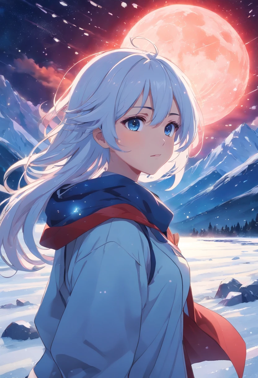 the night, Red glow in the snow, snowy mountains, rivers, snowstorm, a starry sky, Exploding Moon, Illusory engine, 8K HD, HD. --AR 9:16, Weiss Schnee, long hair, white hair, looking at viewer, apathetic expression