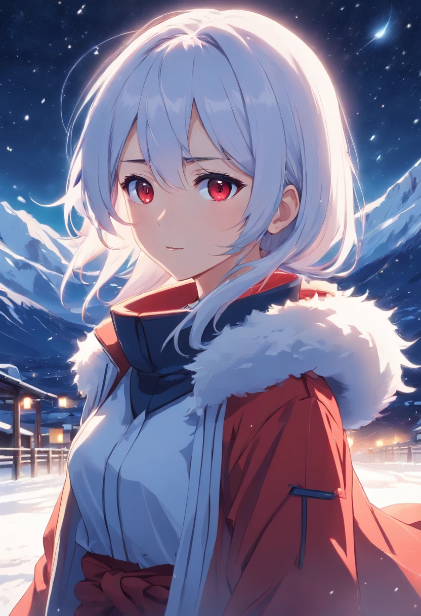 A woman in a red coat standing in the snow - SeaArt AI