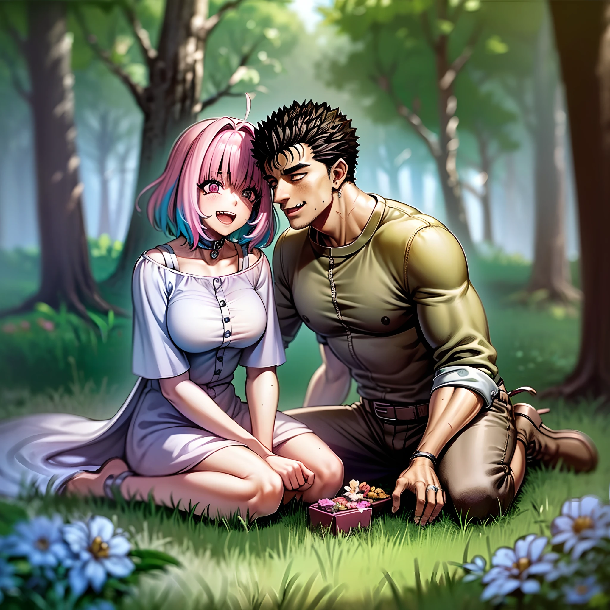 madoka,son goku,couple,husband and wife,love dovey couple,sitting,hug,,smile,(best quality,4k,8k,highres,masterpiece:1.2),ultra-detailed,picnic,