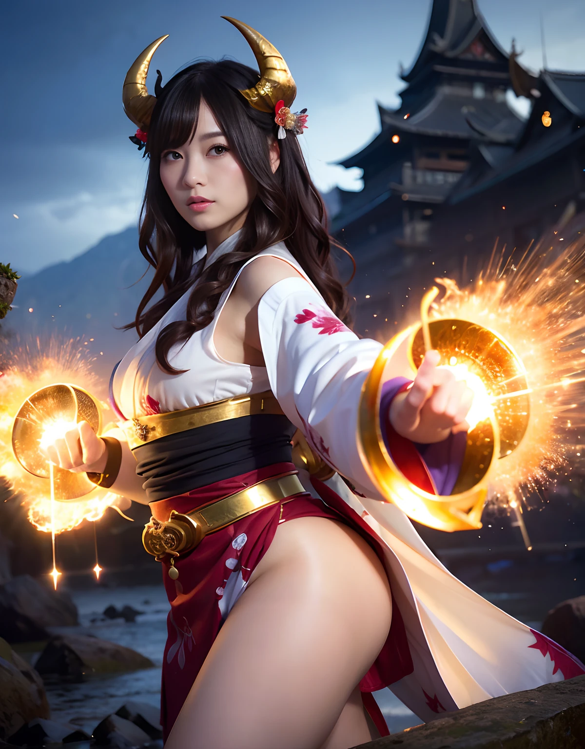((World of Darkness)),Professional , masterpiece、top-quality、photos realistic , depth of fields 、(sexypose)、Oiran hairstyle、Maiko's hairstyle、(White maple on full bloom background),(Ultimate Beauty)、A dark-haired、(shrine background)、(Kimono with beautiful pattern)、(Night background)、Beautiful hair ornament on the head、((Precipitous cliffs)),(Wear a beautiful kimono),(Wear a beautiful kimono with colorful floral patterns)、Jewel Gold Weapon、Particles of light),(Wearing a wizard's hat)、Gorgeous gold weapons ,Castle background、(( Gorgeous Dragon Sword)) , (a dark night),,(maikurobikini) 、((Black Haired Beautiful Girl))、(Castle background)、(demonic wings)、((Gangle's forest background))、Beautiful Caucasian beauty、1a person、dynamic ungle,(((Two devil's horns on the head)))、Smaller head、Idle Smile、Thin and beautiful female hands、Mystical expression、Light Effects、intense fighting、Wind-effect、magic circles、With the legendary magic wand、Dragon's tail、Full Body Angle、