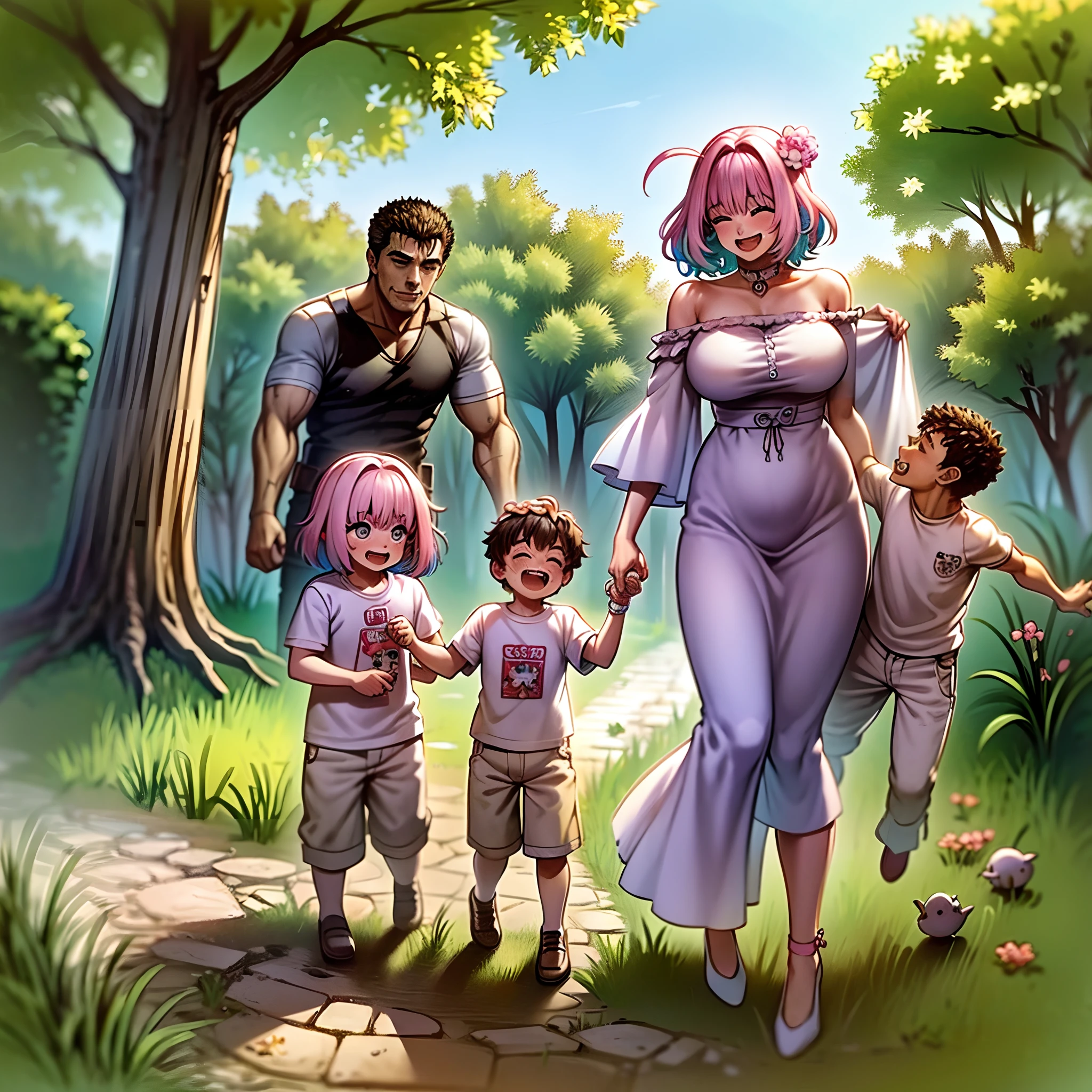 (a happy family in a picnic garden),(riamu as a motherly figure),(riamu and her husband spending quality time),(a couple enjoying the outdoors),(riamu's children playing and having fun),(guts as a loving and caring father),(a loving husband and wife),(riamu and her son sharing a joyful bond),(a happy and harmonious family),(the joyful laughter of children),(the warmth of family bonds),(a picturesque garden scene),(the vibrant colors of nature),(the soft sunlight filtering through the trees),(a peaceful and serene atmosphere),(guts and riamu surrounded by blooming flowers),(the scent of freshly cut grass),(a delicious picnic spread with a variety of food),(the sound of birds chirping),(the feeling of grass beneath their feet),(the love and happiness radiating from the family),(a moment of pure joy and togetherness),(a snapshot of a perfect family outing),(a memory to be cherished forever)