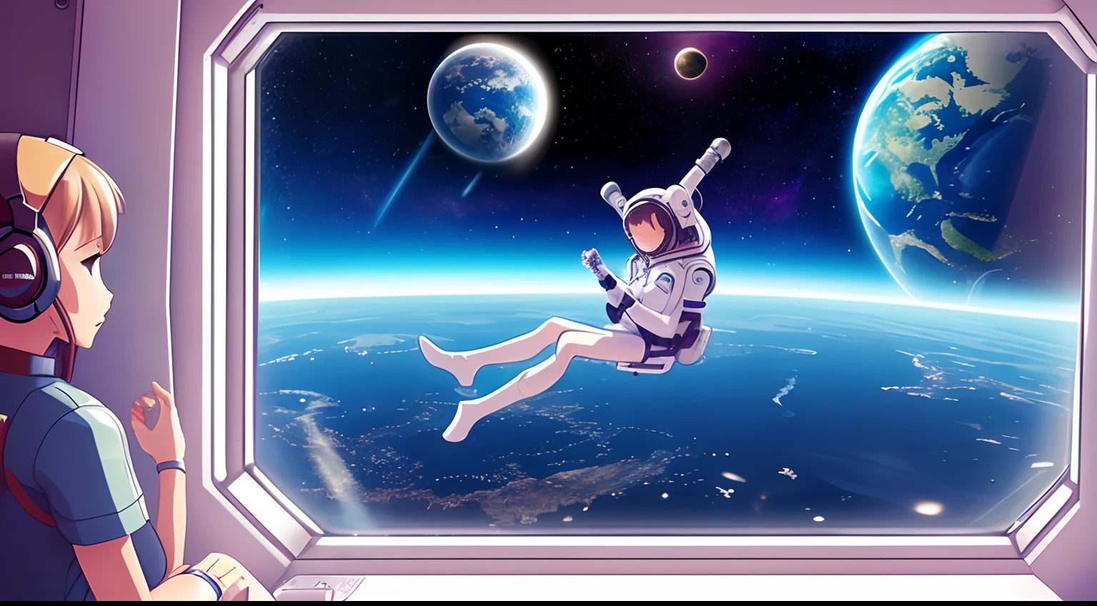 female floating in space, female inside space station, on a space station, listening to music, relaxing, looking out of the window, window is shut, arms in front of her, window in the background, in the window you can see space, earth is in the background as well, anime style --auto