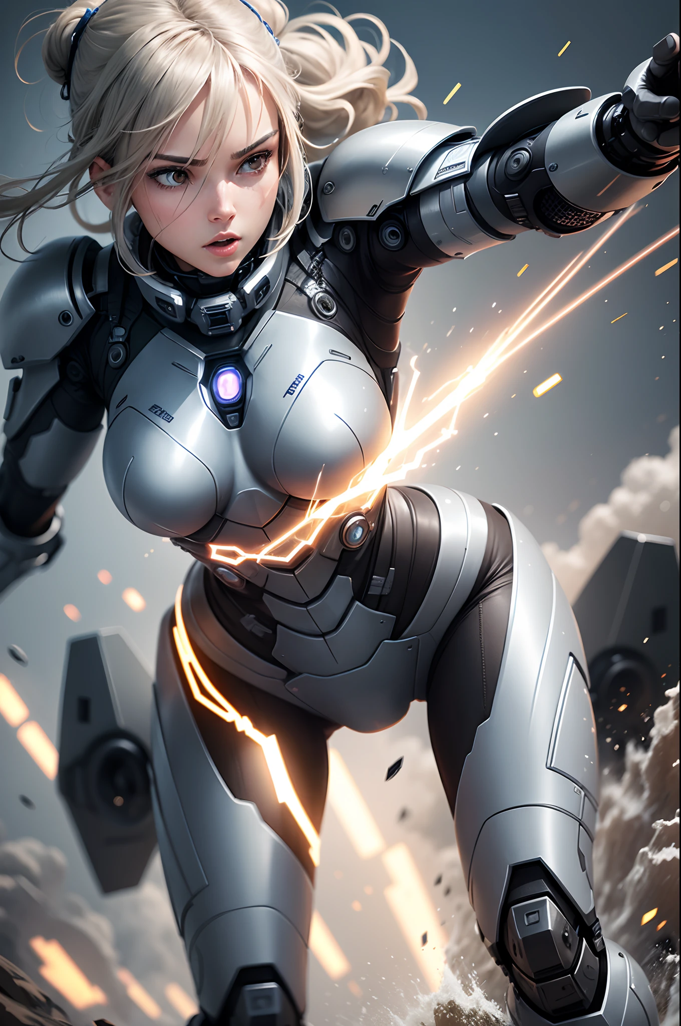 Female cybernetic soldier in very detailed technological armor unleashing waves of energy around him