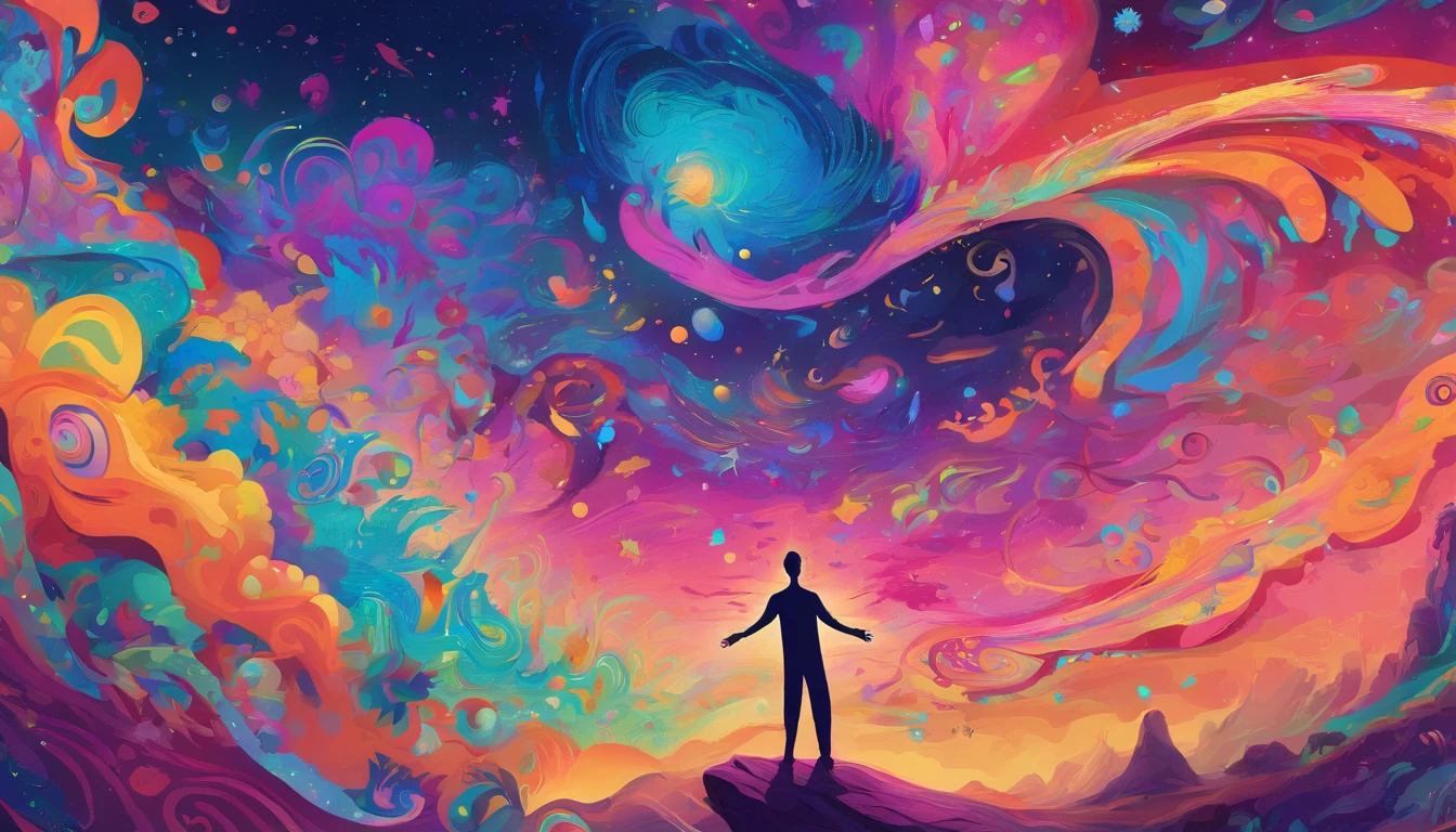A happy and peaceful person doing energetic cleansing, on a cliff with a wonderful view of the galaxies, arte transgressora, foco nítido, 8 mil, octan render , cores saturadas, pastels colors