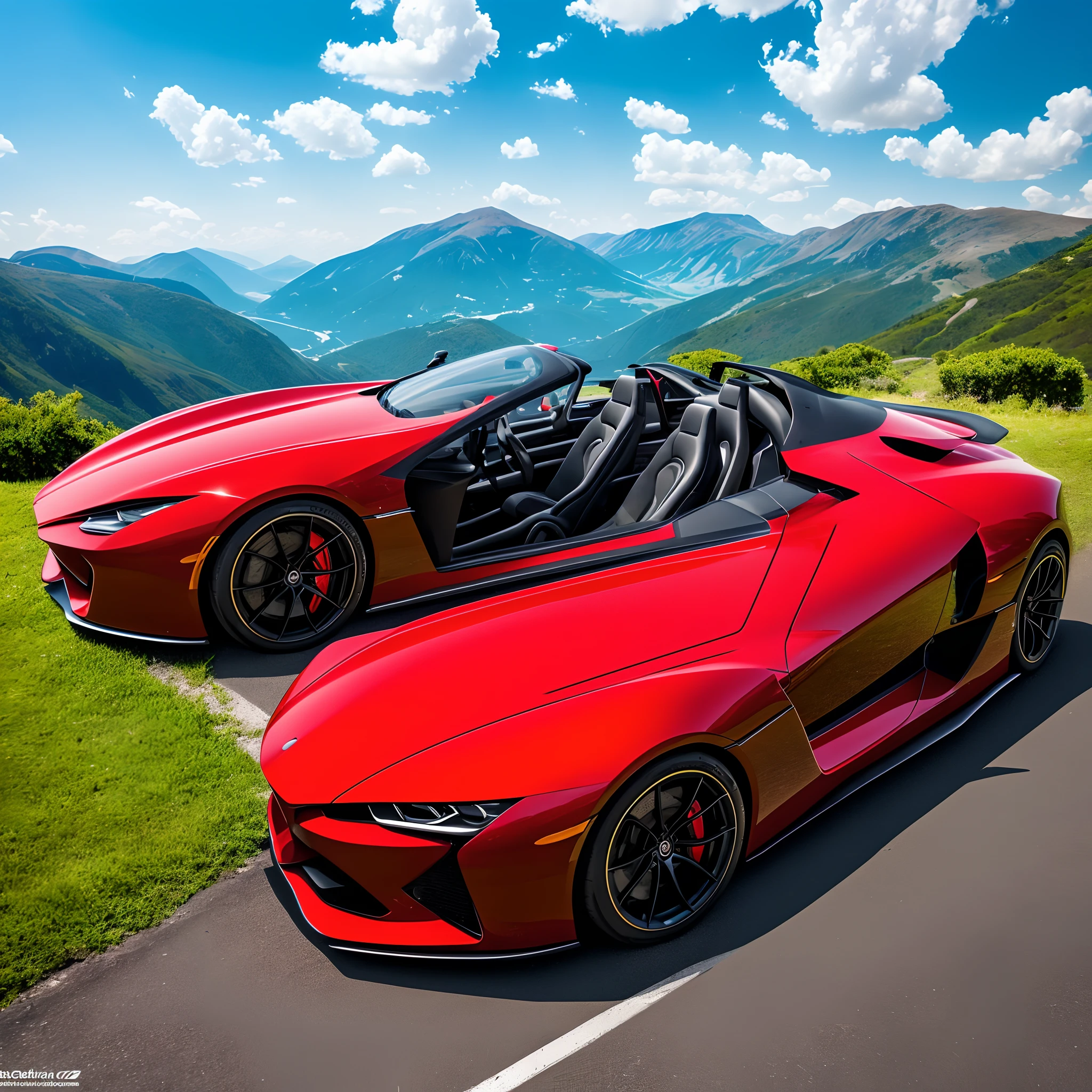 A dream car,racing car with sleek design, aerodynamic body, open top, vibrant red color, shiny metallic finish, reflective surface, polished rims, powerful engine, roaring exhaust sound, high speed, adrenaline rush, driving on a winding mountain road, surrounded by breathtaking scenery, clear blue sky, lush green trees, winding roads, beautiful valleys, majestic mountains, winding roads, thrilling curves, sharp turns, the car hugging the road, butterflies in the stomach, wind blowing through the driver's hair, feeling of freedom, excitement, exhilaration, sense of adventure, speedometer showing high speeds, blurred background, motion blur, dynamic movement, stylish and modern interior, comfortable leather seats, state-of-the-art dashboard, advanced technology, impressive sound system, panoramic sunroof, panoramic view, the car as a symbol of luxury and success. 

(best quality,4k,8k,highres,masterpiece:1.2),ultra-detailed,(realistic,photorealistic,photo-realistic:1.37), HDR, UHD, studio lighting, ultra-fine painting, sharp focus, physically-based rendering, extreme detail description, professional, vivid colors, bokeh, portraits, concept artists.