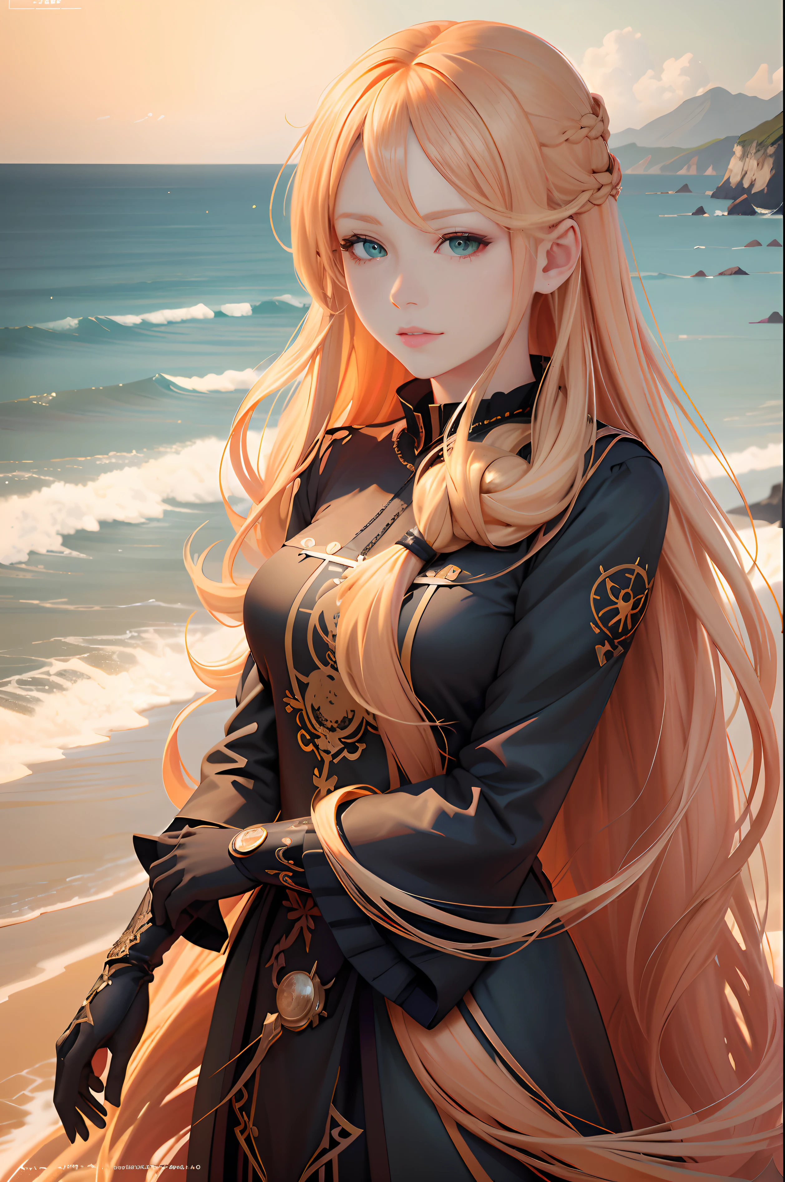 anime girl with long orange hair standing on beach near ocean, green eyes detailed digital anime art, anime girl with long hair, smooth anime cg art, anime girl with long hair, digital anime art, artwork in the style of guweiz, beautiful anime portrait, photorealistic anime girl render, beautiful anime girl, advanced digital anime art, guweiz on artstation pixiv HD UHD HQ