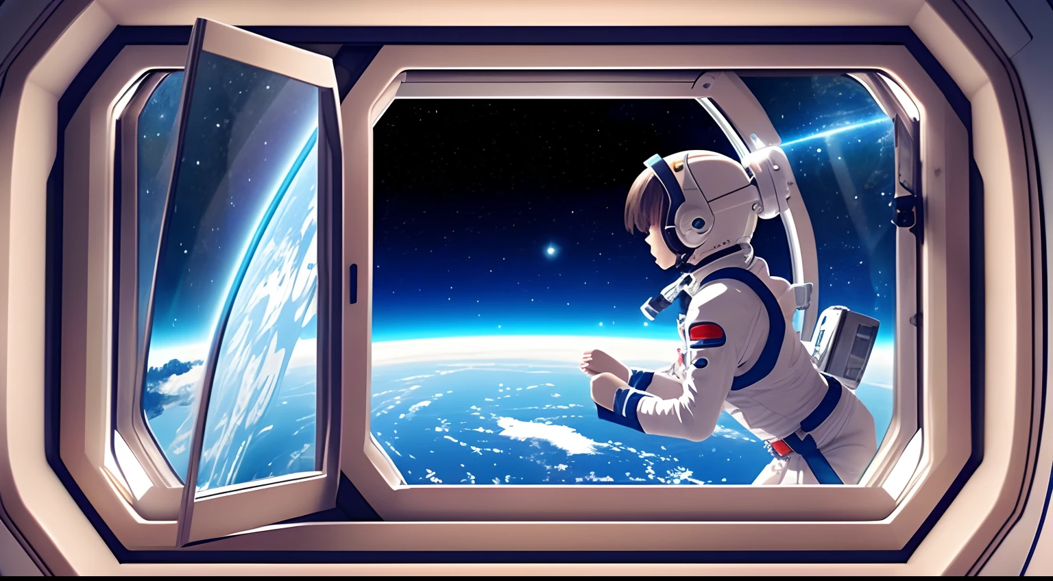 female floating in space, female inside space station, on a space station, listening to music, relaxing, looking out of the window, window is shut, arms in front of her, window in the background, in the window you can see space, earth is in the background as well, anime style --auto