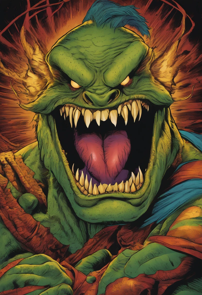 comic book poster of a smiling monster, alexander mcquean, --ar 1:2