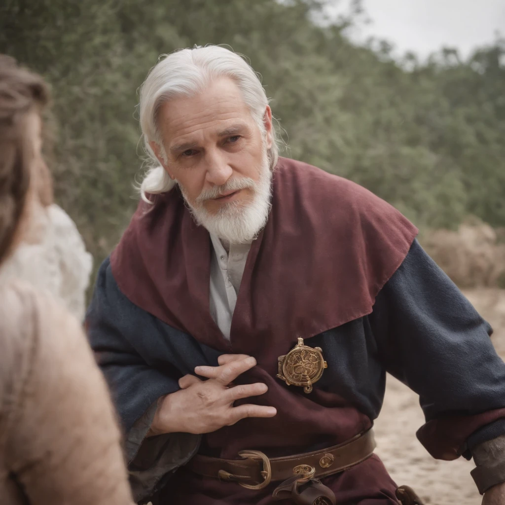4K HD Graphics，Fotos Reais，There's an old man，cabelos grisalhos，Sentado em uma parede de pedra，Use um par de botas, taken in the early 2020s,  cosplay profissional,, wearing dark maritime clothing,  Cosplay Fotos, publicity cosplay,  cosplay completo, cosplay realista