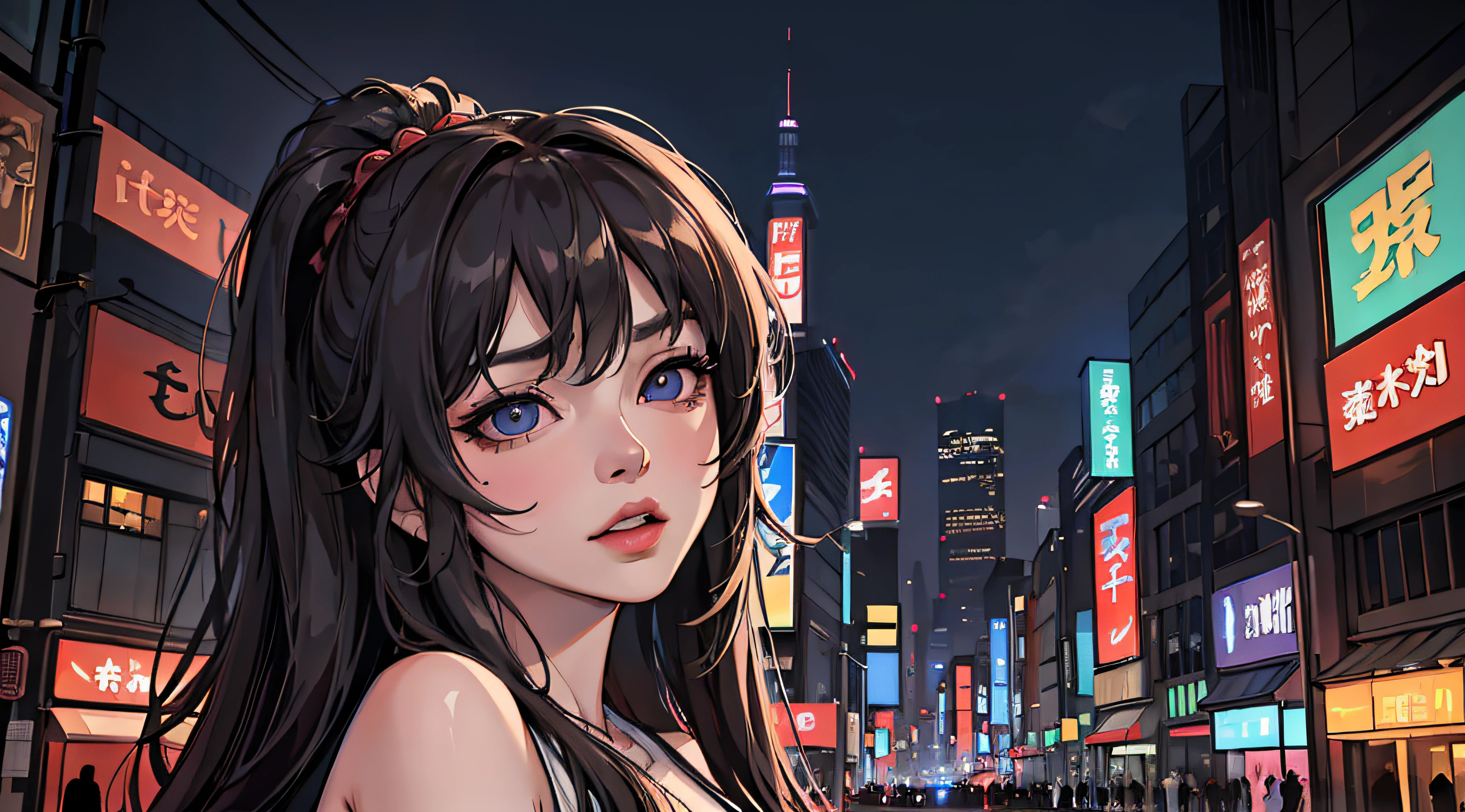 (best quality,4k,8k,highres,masterpiece:1.2),ultra-detailed,(realistic,photorealistic,photo-realistic:1.37),portrait,tokyo street background,asian woman,focus on detailed face,long dark hair fluttering in the wind,single woman in the scene,looking directly at the viewer,vivid city lights at night,80s style,glistening city lights,colorful neon lights,lonely atmosphere,cityscape,street lights,night scene,influenced by Japanese culture and aesthetics,city life,captivating expression,dark atmosphere,solemn mood,city nightlife,dynamic composition,peaceful urban setting,detailed facial features,expressive eyes,flowing hair,fascinating allure,wind-blown hair,immersing in the vibrant city,elegant posture,attention-grabbing presence