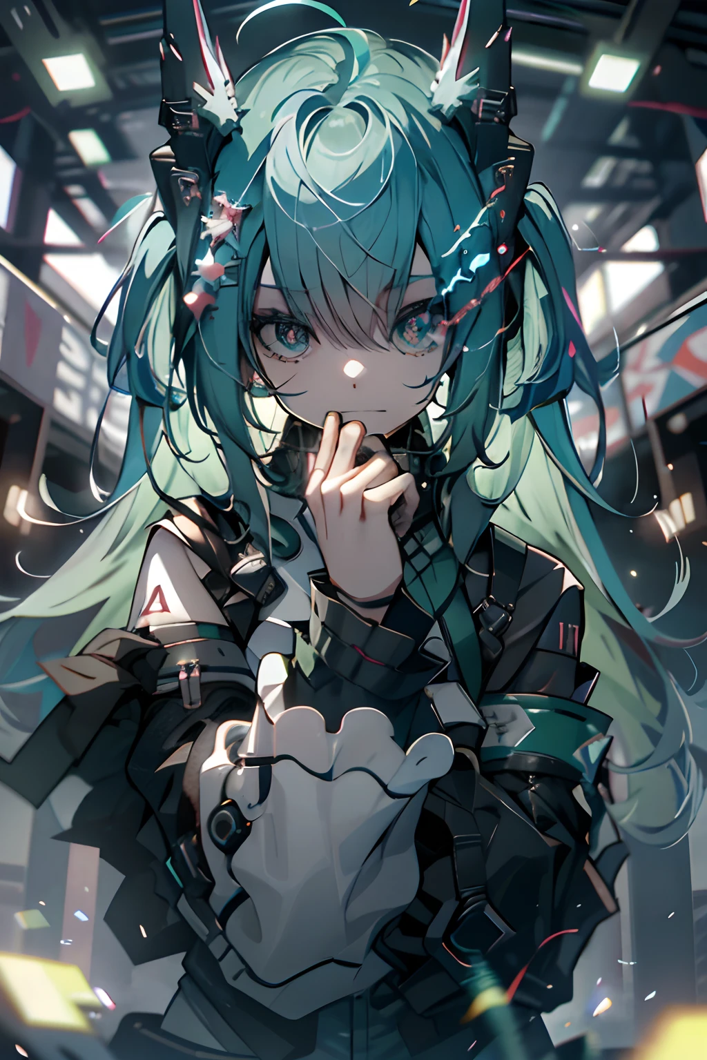 head phone、Raise both hands、morning、miku hatsune、miku hatsune、Green hair、Blunt bangs、Photorealsitic, hight resolution, 1 rapariga, Korea person,Flame from the eyes、🔥