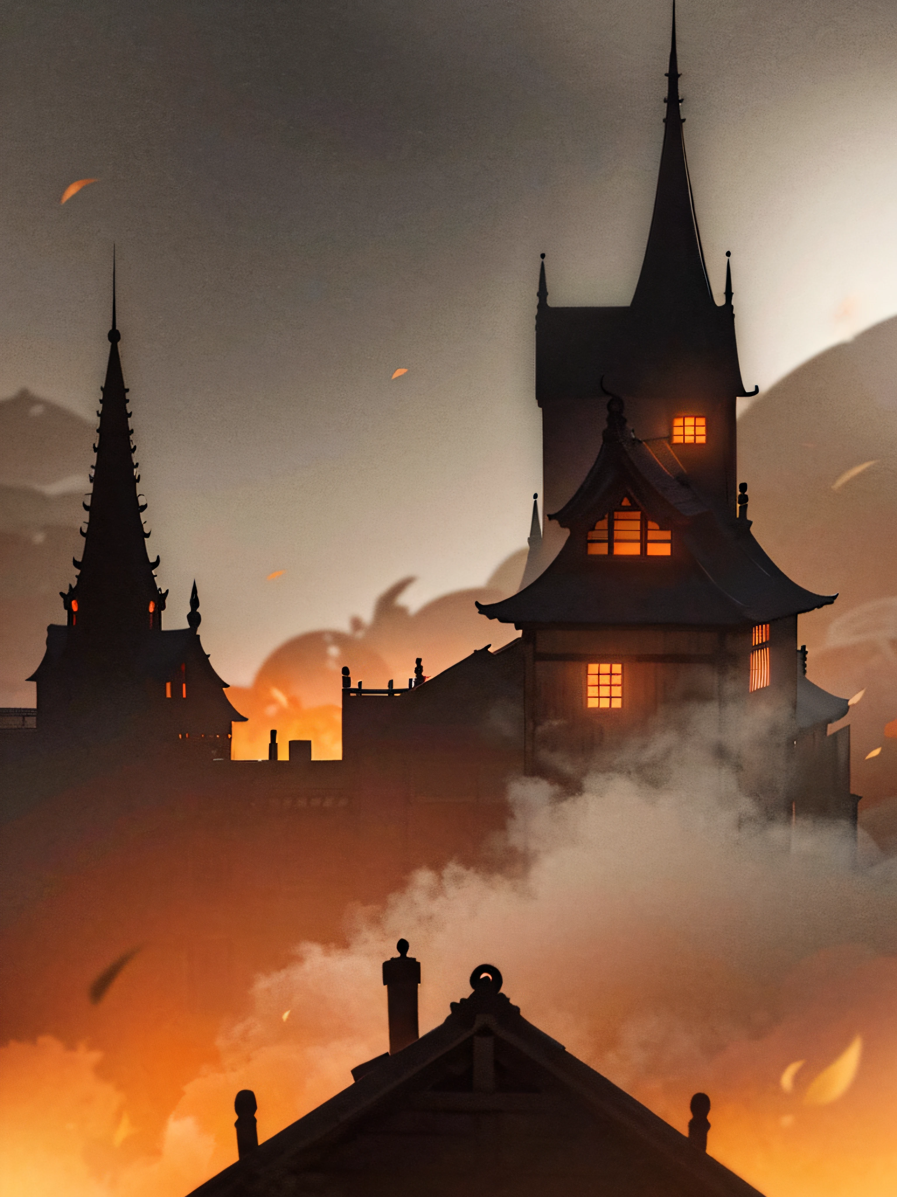 Nestled among rolling hills covered in a blanket of orange and red autumn leaves, a Halloween-style haunted Japanese house stands out starkly. Its sinister silhouette contrasts with the serene surroundings. This spooky house, with its ancient, weathered facade and crooked windows, looks like a portal to another realm. To capture its spectral presence, use a mirrorless camera with a tilt-shift lens to create an ethereal, dreamlike effect. Seek the first light of a misty morning, shrouding the house in an eerie, ghostly ambiance. Employ infrared film to heighten the realism while infusing otherworldly colors. --ar 1:1 --v 5 --seed 2345678