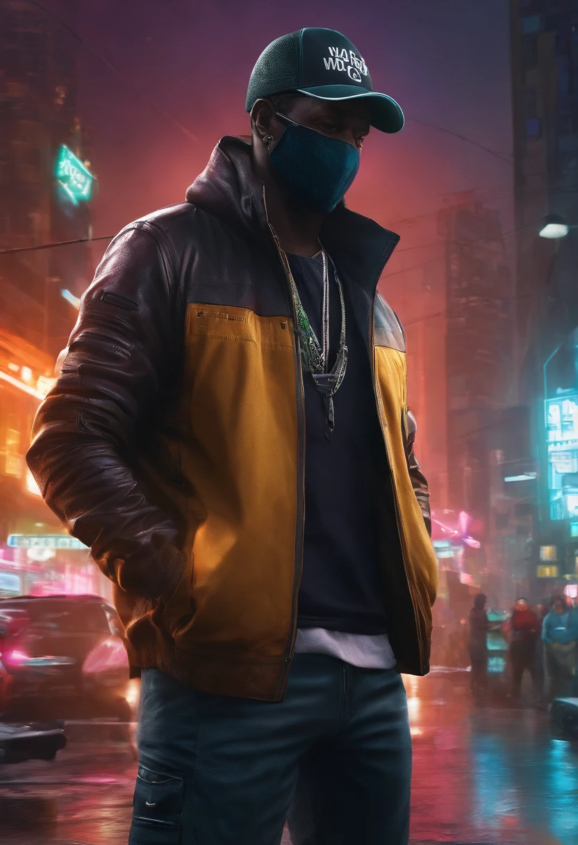 Garoto de pele negra com moletom branco, usando celular estilo Watch Dogs, cidade cyberpunk