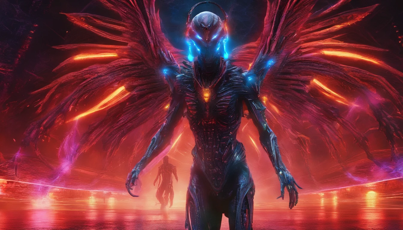 Cosmic Fallen Angel, Glowing light eyes, biomechanical, Creepy, Creepy, nightmarish, Very bright colors, light particles, with luminous light, , Wallpaper Art, UHD wallpaper, medieval garb