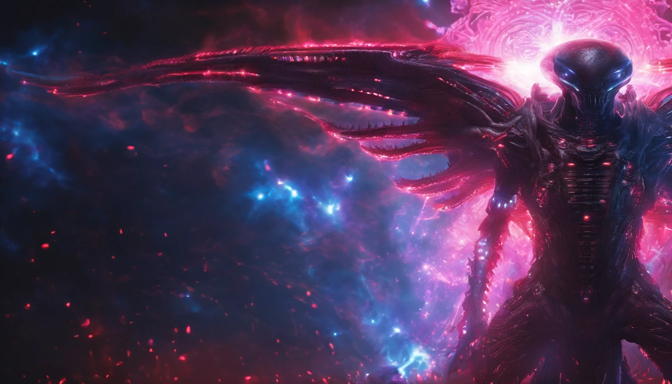 Cosmic Fallen Angel, Glowing light eyes, biomechanical, Creepy, Creepy, nightmarish, Very bright colors, light particles, with luminous light, , Wallpaper Art, UHD wallpaper, medieval garb