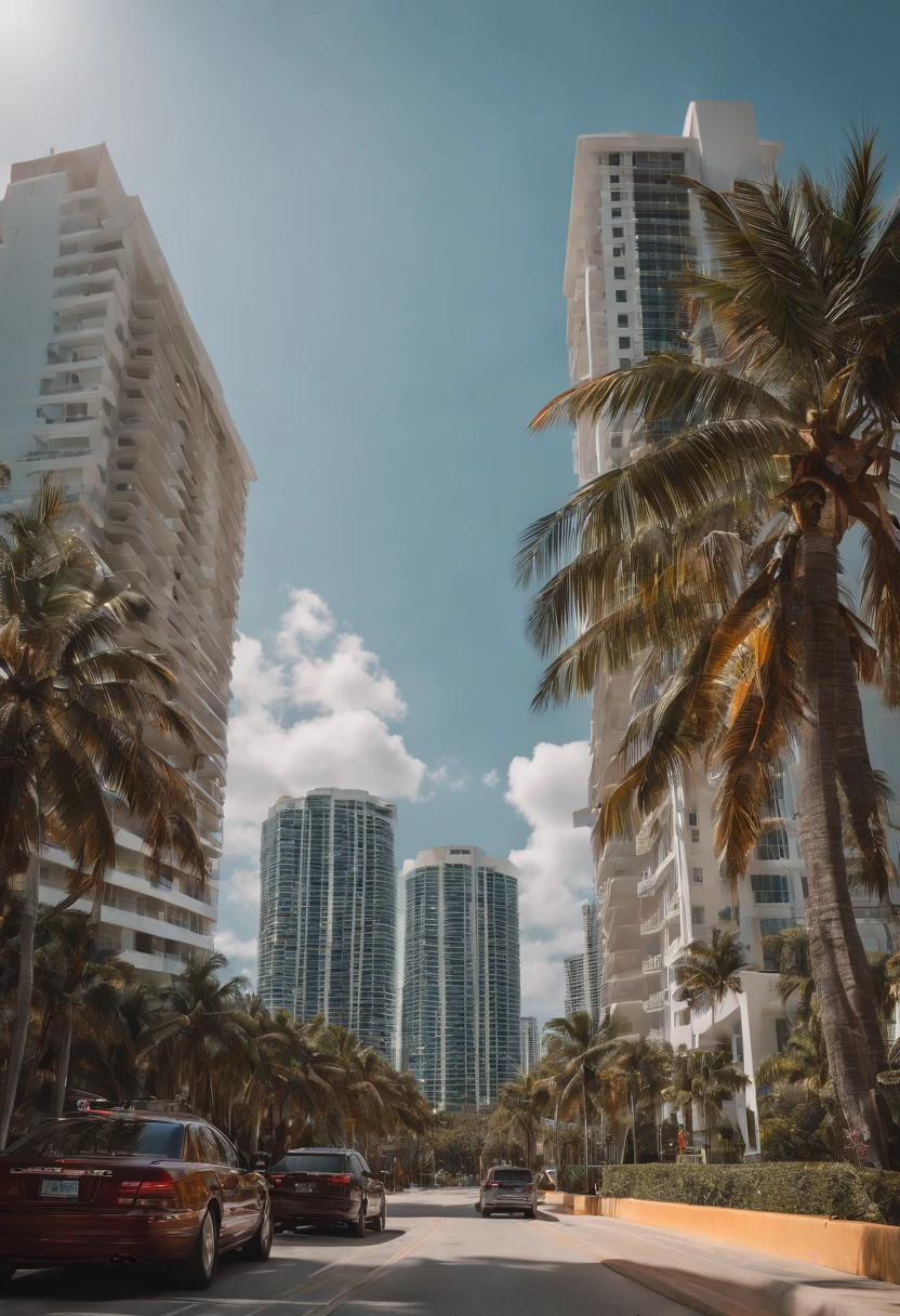 cidade de miami em dia ensolarado, (8k、fotografia RAW、qualidade superior、obra prima:1.2)、(realisitic、fotorrealista:1.37)、(ultra-detalhada)