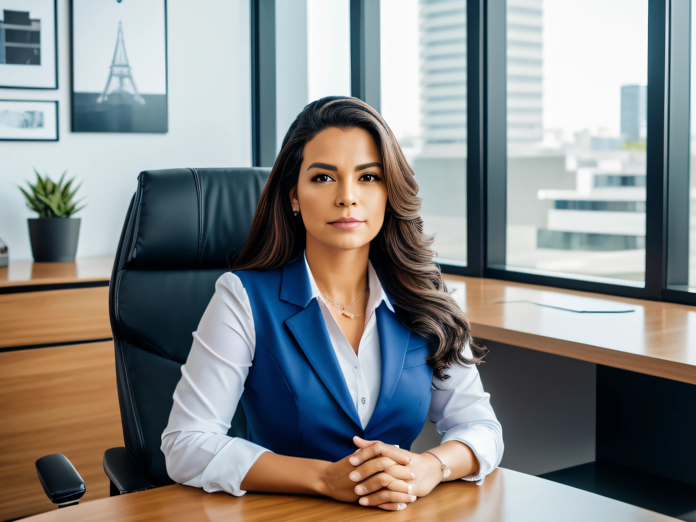 Mulher, 30 anos, Sitting in the chair of the presidency,
Meio: Fotografia,
Style: Moderno,
Artista: Clark,
Art Sites: Unsplash,
resolution: 4K,
Color: Tons de cinza e azul,
Lighting: Modern office lighting,
Camera Lenses: Lente telefoto,
Tipos de Perspectivas: Perspectiva seletiva e comprimida