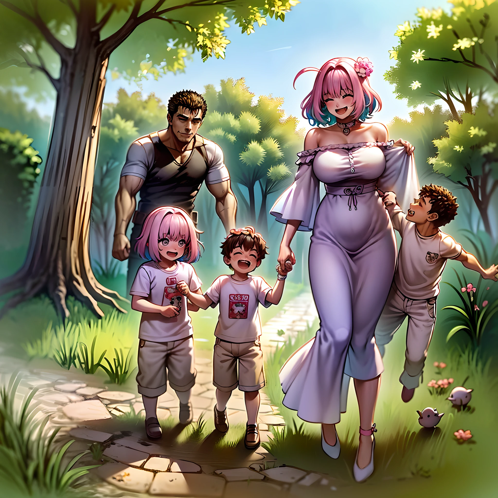 (a happy family in a picnic garden),(riamu as a motherly figure),(riamu and her husband spending quality time),(a couple enjoying the outdoors),(riamu's children playing and having fun),(guts as a loving and caring father),(a loving husband and wife),(riamu and her son sharing a joyful bond),(a happy and harmonious family),(the joyful laughter of children),(the warmth of family bonds),(a picturesque garden scene),(the vibrant colors of nature),(the soft sunlight filtering through the trees),(a peaceful and serene atmosphere),(guts and riamu surrounded by blooming flowers),(the scent of freshly cut grass),(a delicious picnic spread with a variety of food),(the sound of birds chirping),(the feeling of grass beneath their feet),(the love and happiness radiating from the family),(a moment of pure joy and togetherness),(a snapshot of a perfect family outing),(a memory to be cherished forever)