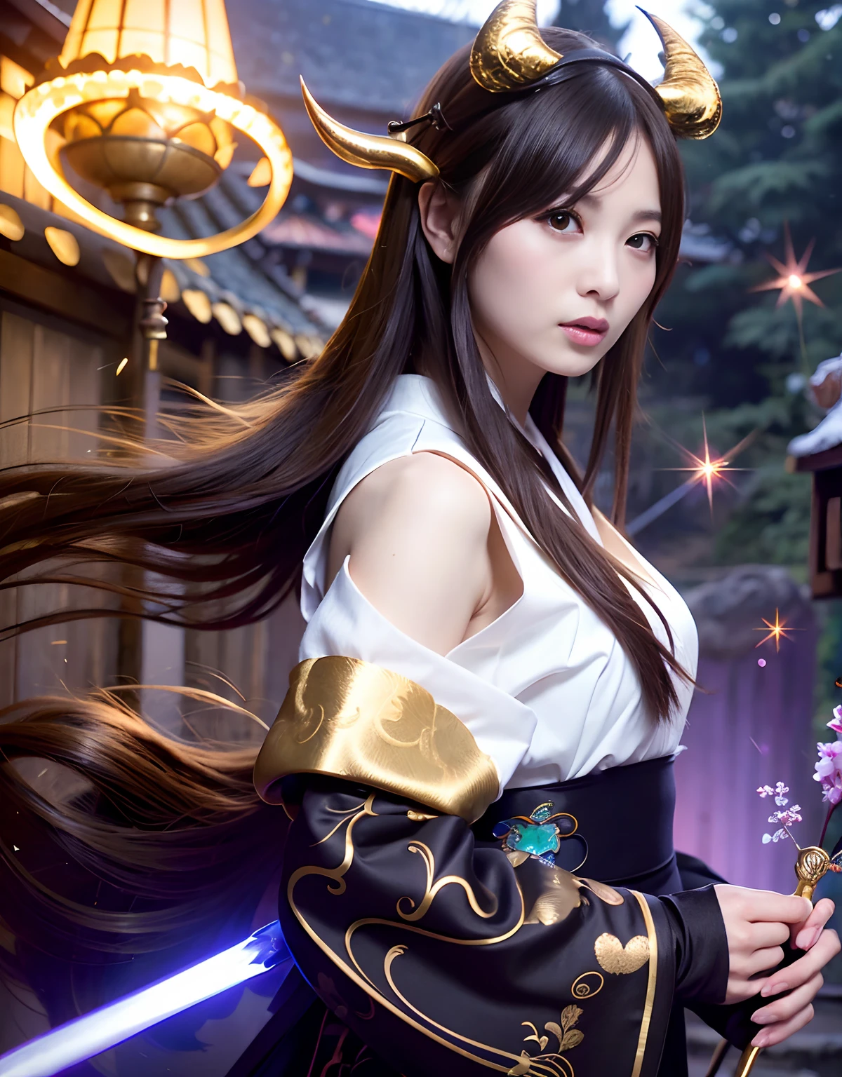 ((World of Darkness)),Professional , masterpiece、top-quality、photos realistic , depth of fields 、(sexypose)、Oiran hairstyle、Maiko's hairstyle、(White maple on full bloom background),(Ultimate Beauty)、A dark-haired、(shrine background)、(Kimono with beautiful pattern)、(Night background)、Beautiful hair ornament on the head、((Precipitous cliffs)),(Wear a beautiful kimono),(Wear a beautiful kimono with colorful floral patterns)、Jewel Gold Weapon、Particles of light),(Wearing a wizard's hat)、Gorgeous gold weapons ,Castle background、(( Gorgeous Dragon Sword)) , (a dark night),,(maikurobikini) 、((Black Haired Beautiful Girl))、(Castle background)、(demonic wings)、((Gangle's forest background))、Beautiful Caucasian beauty、1a person、dynamic ungle,(((Two devil's horns on the head)))、Smaller head、Idle Smile、Thin and beautiful female hands、Mystical expression、Light Effects、intense fighting、Wind-effect、magic circles、With the legendary magic wand、Dragon's tail、Full Body Angle、