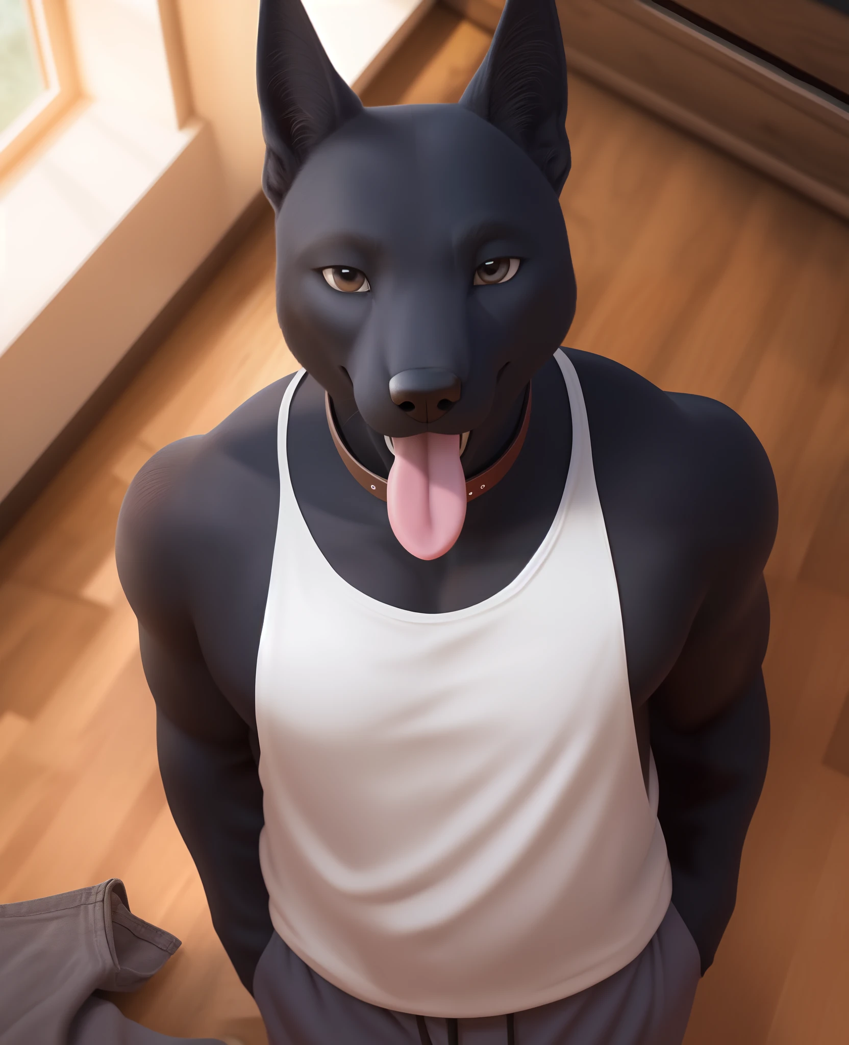 high-angle view, close-up, anubis, round pecs, dark fur, detailed face BREAK standing, open smile, tongue out, smile, collar, loose t-shirt, baggy clothing, baggy pants, navel, (looking at viewer:1.2), cozy cottage room, detailed background, 8k, (hi res, best quality, high quality, masterpiece:1.1)