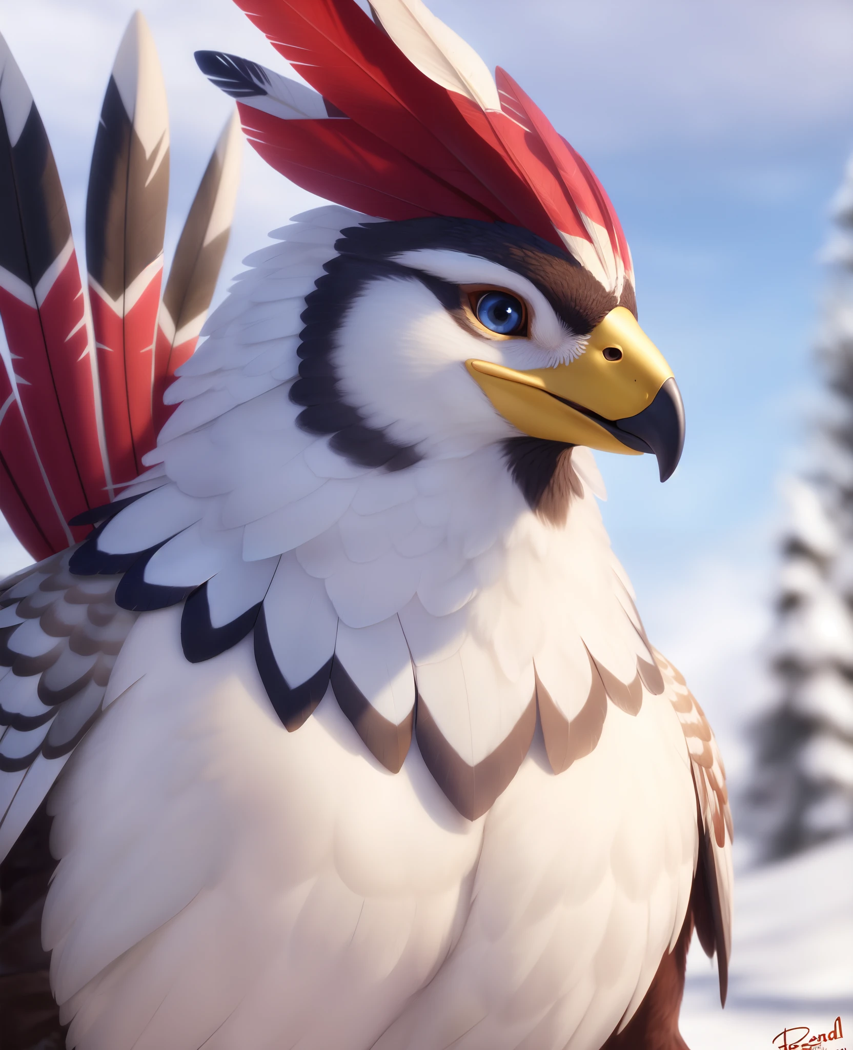 fantasy art, teba (tloz), avian, bird, rito, feathers, white body, winged arms, white feathers, muscular, clothing, smile, snow background, by personalami, by tojo the thief, photorealistic, elegant, realistic, masterpiece, 4k, sharp focus