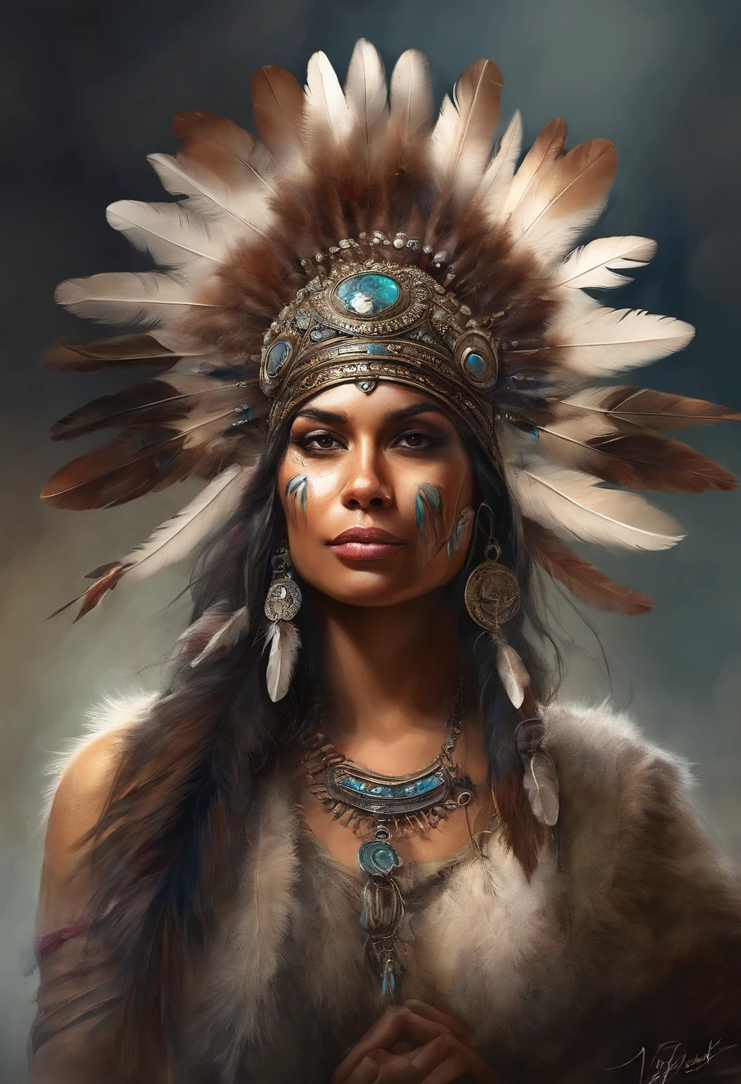 A beautiful scantily clad indigenous woman wearing a headdress, cabelos pretos longos cacheados, rosto bonito, imagem de corpo inteiro, imagem alto detalhe, simetria, Arte de Fantasia
