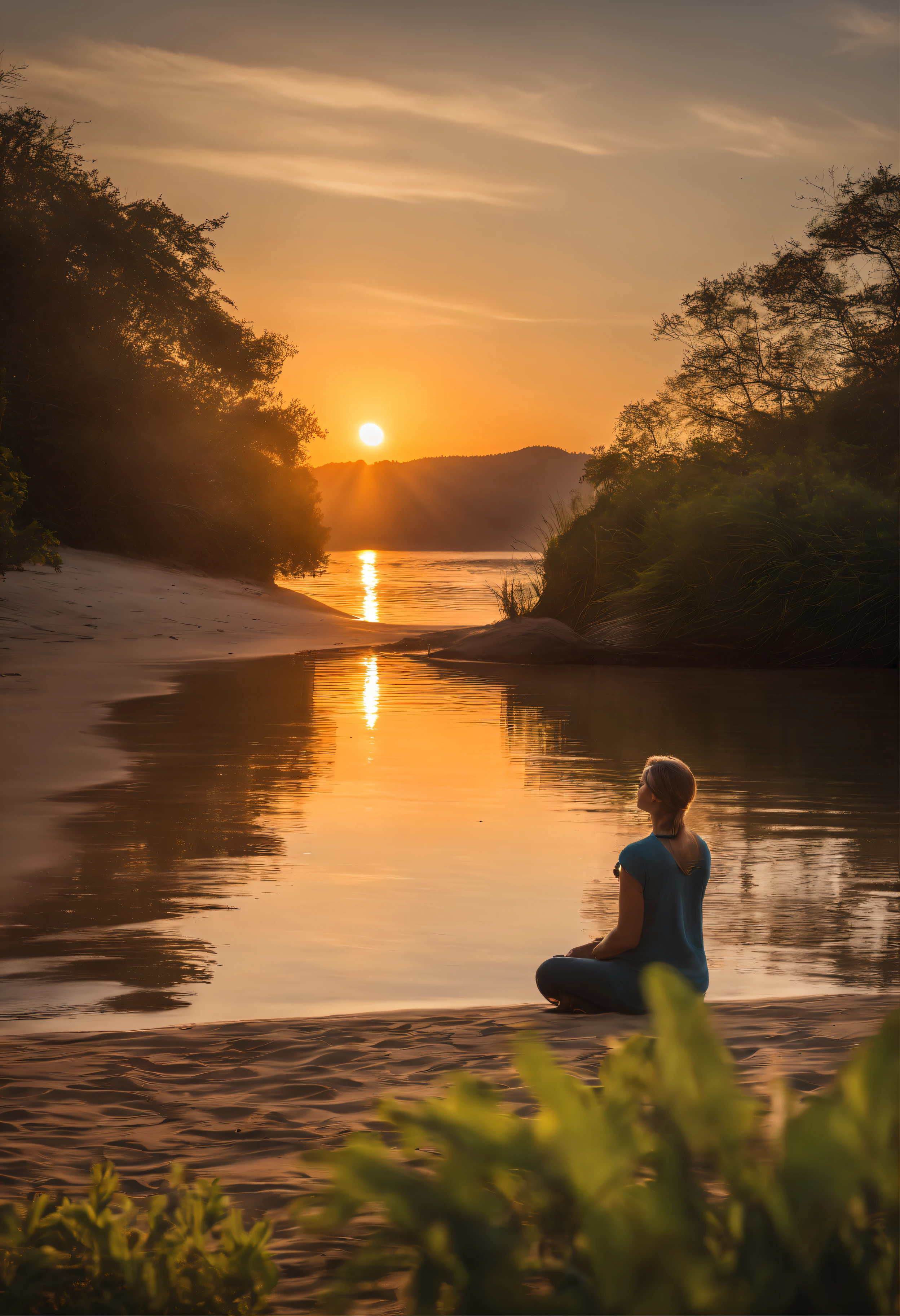 A serene book cover for "Breathing, Calm: Transforming Anxiety with Mindfulness," featuring a tranquil beach scene at sunrise. The calm, gentle waves roll onto the shore, creating a sense of continuity and peace. The rising sun casts a warm and soothing glow over the beach, symbolizing hope and transformation. In the foreground, a person practices mindfulness, sitting peacefully by the water, taking a deep breath. The title and author's name are integrated seamlessly into the image with a clean, modern, and calming font. The overall style is a realistic photograph, captured with a wide-angle lens, soft natural lighting, and a harmonious color palette, --ar 16:9.